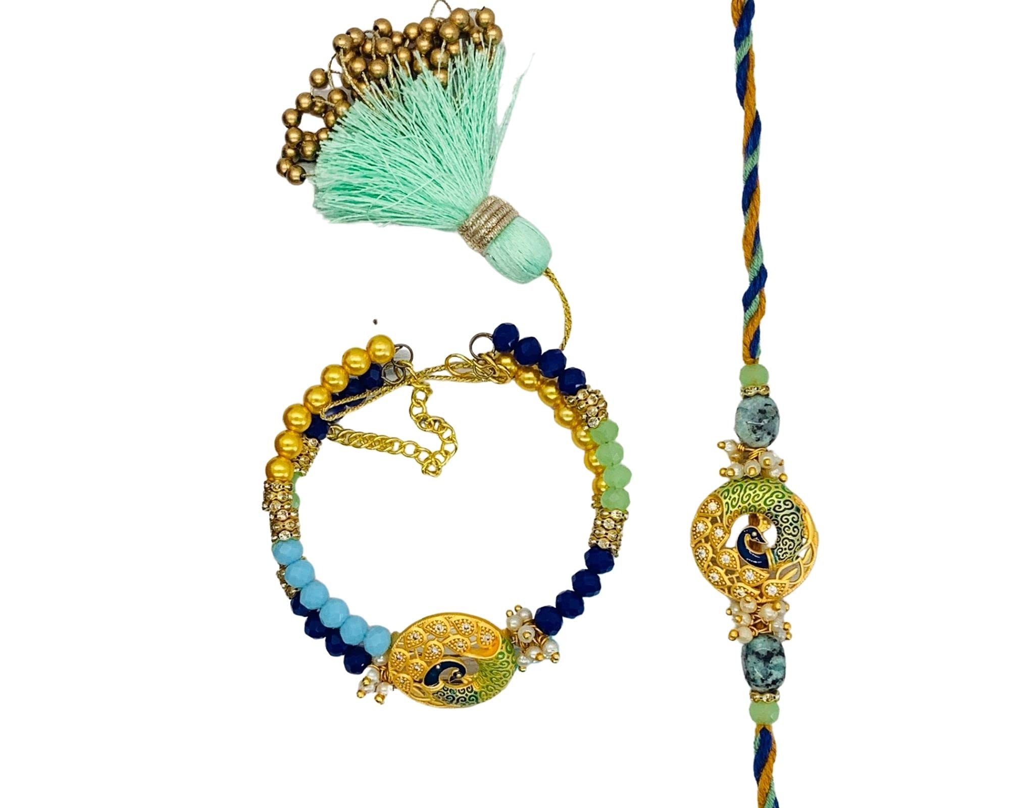 Bandhan RakhiRakhi Gift Set for Brother & Bhabhi,Includes Beautiful rakhi for Bhai and Lumba Rakhi for Bhabhi, Roli Chawal, Sister, Father & Friends Set of 2 rakhis (Bhai Rakhi and Bhabhi Lumba)