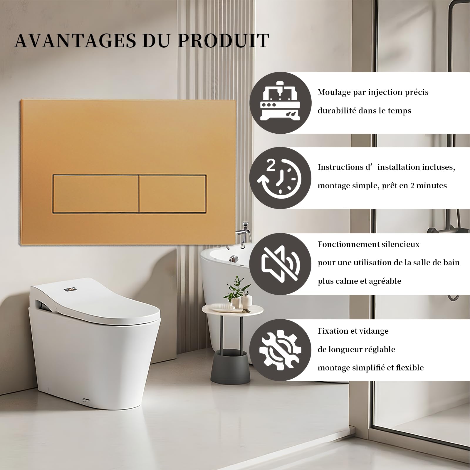 Plaque de Commande WC Double Chasse, Compatible avec Geberit Sigma 01/20/30, UP300 & UP320, avec Cadre et Leviers de Chasse, Dimensions 245 × 164 mm (Or Mat)