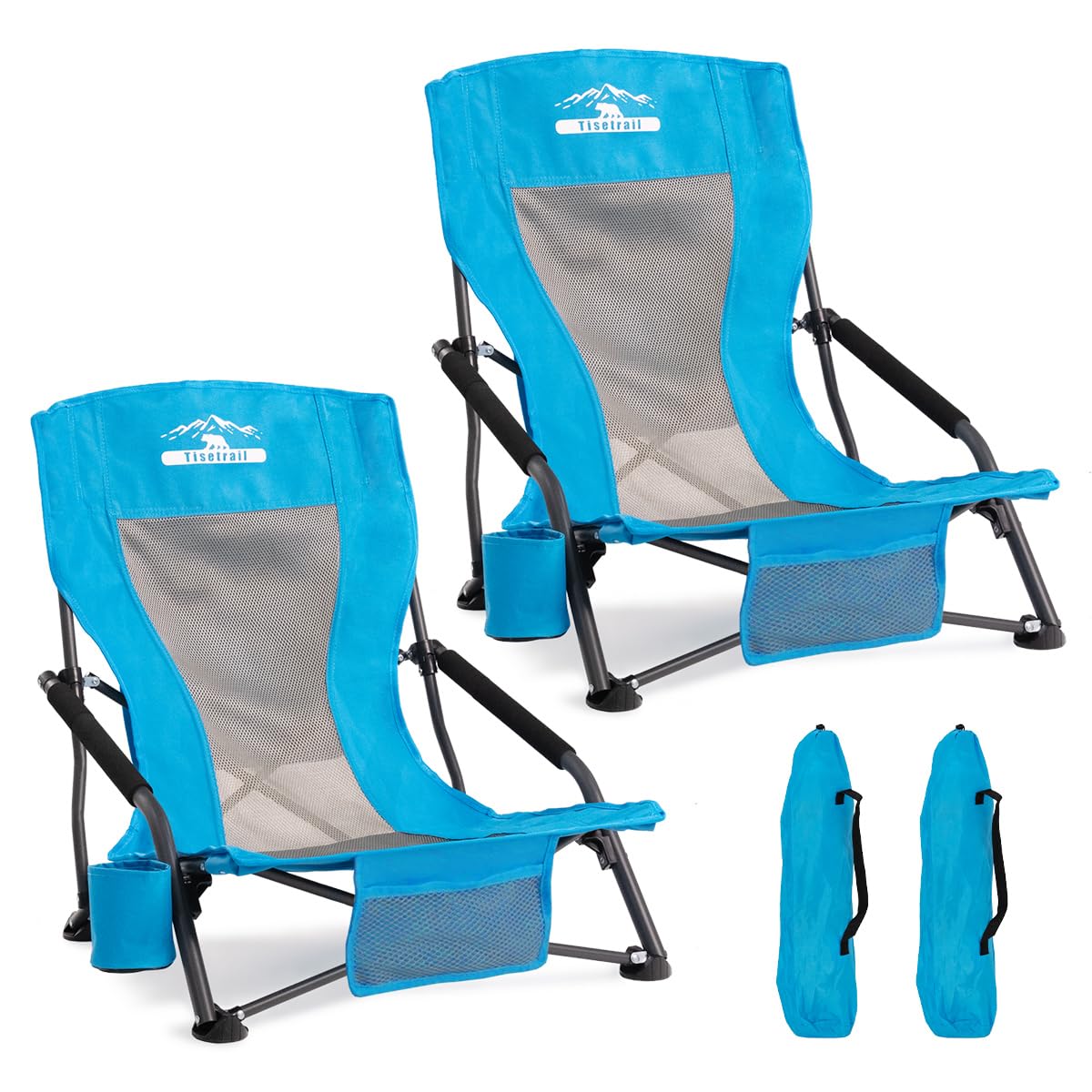 Low Profile Beach Chairs Set of 2 with Cup Holder Folding Mesh Sand Chairs for Adults Portable Lightweight Lowback Sling Chairs for Beach Camping Concert Travel Support 300lbs, Blue incomplete