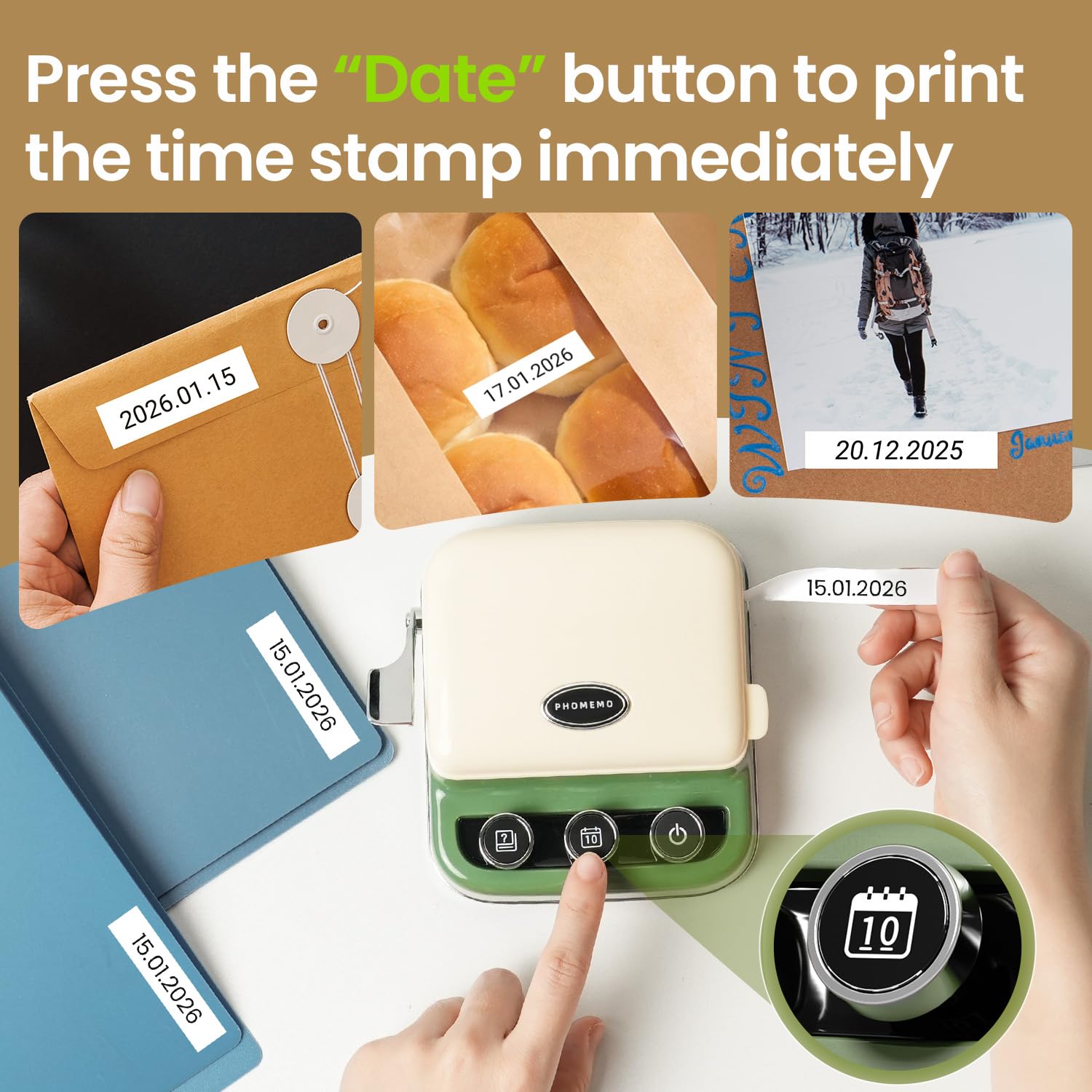 Phomemo P15 Etichettatrice a Nastro Rétro –Stampante per Etichette Adesive Bluetooth con Stampa Data in un Clic –Ideale per Decorazioni e Confezioni Regalo –Con Confezione Regalo e 1 Rotolo – Verde