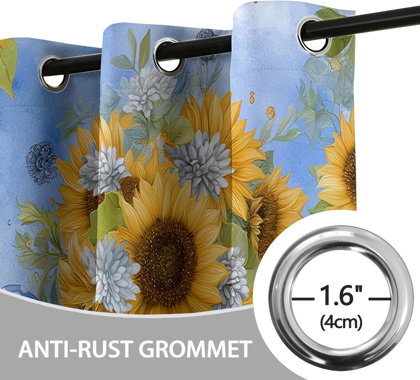 Générique Rideaux Occultants Enfant Nains Tournesols 110 x 215 cm (L x H), Isolation Phonique à Œillets Camions Abeilles, pour Chambre Garçon (2 Panneaux) Bleu Clair