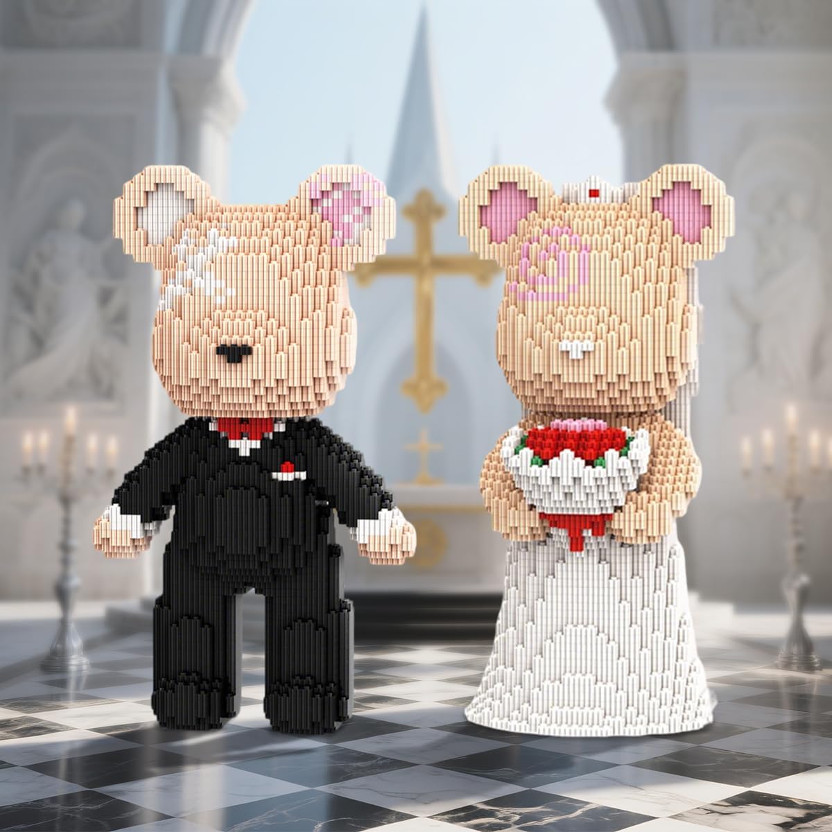 HOOLEDAY Bridegroom Bear Micro Building Blocks Set (2350 Pieces), with Black Suit Design, Wedding Decoration Present for Lovers Men & Women