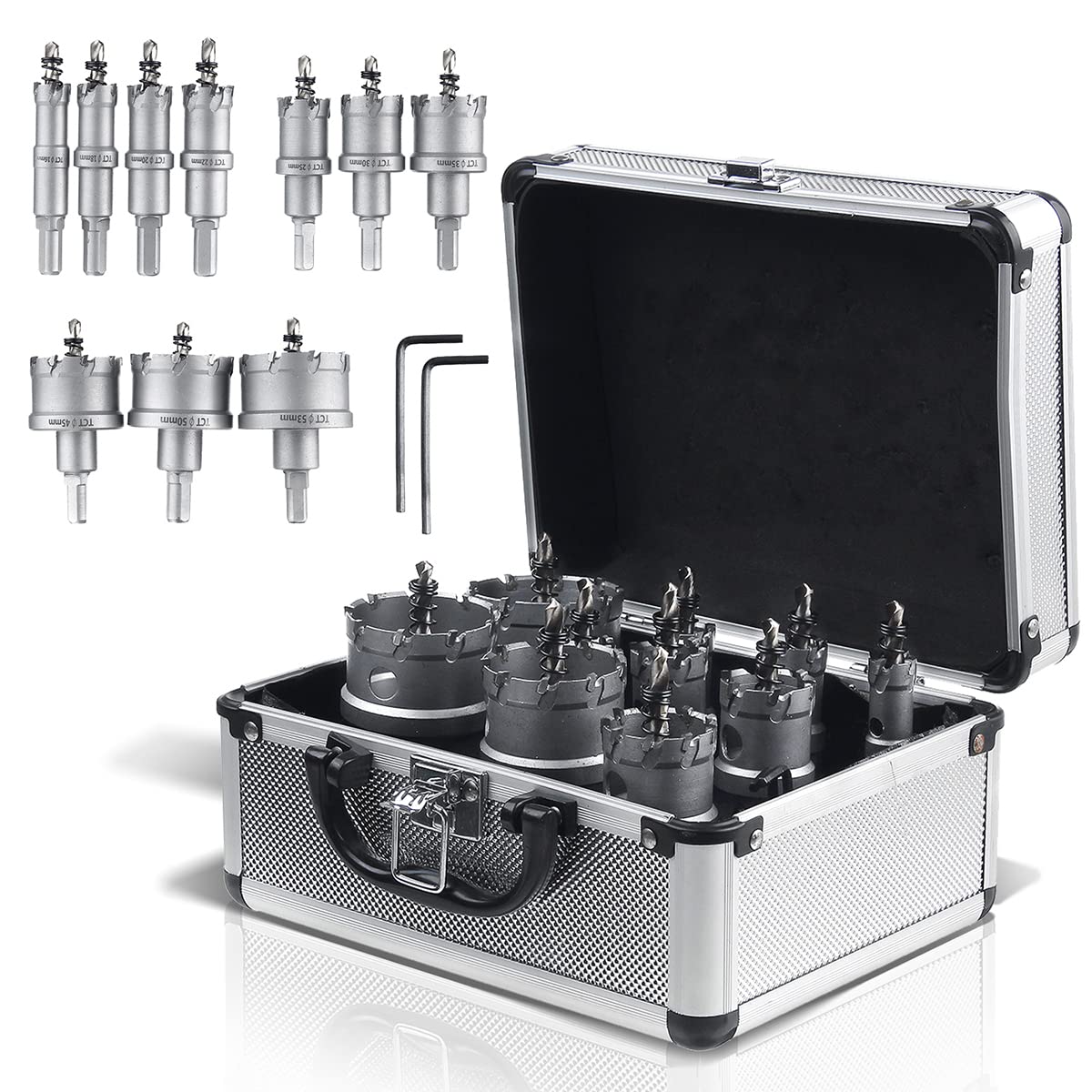 SagaSave 10 sierras perforadoras de metal duro, de acero inoxidable, para metal, acero inoxidable, hierro fundido, acero, aluminio, etc. (16/18/20/22/25/30/35/45/50/53 mm x 2 llaves Allen)