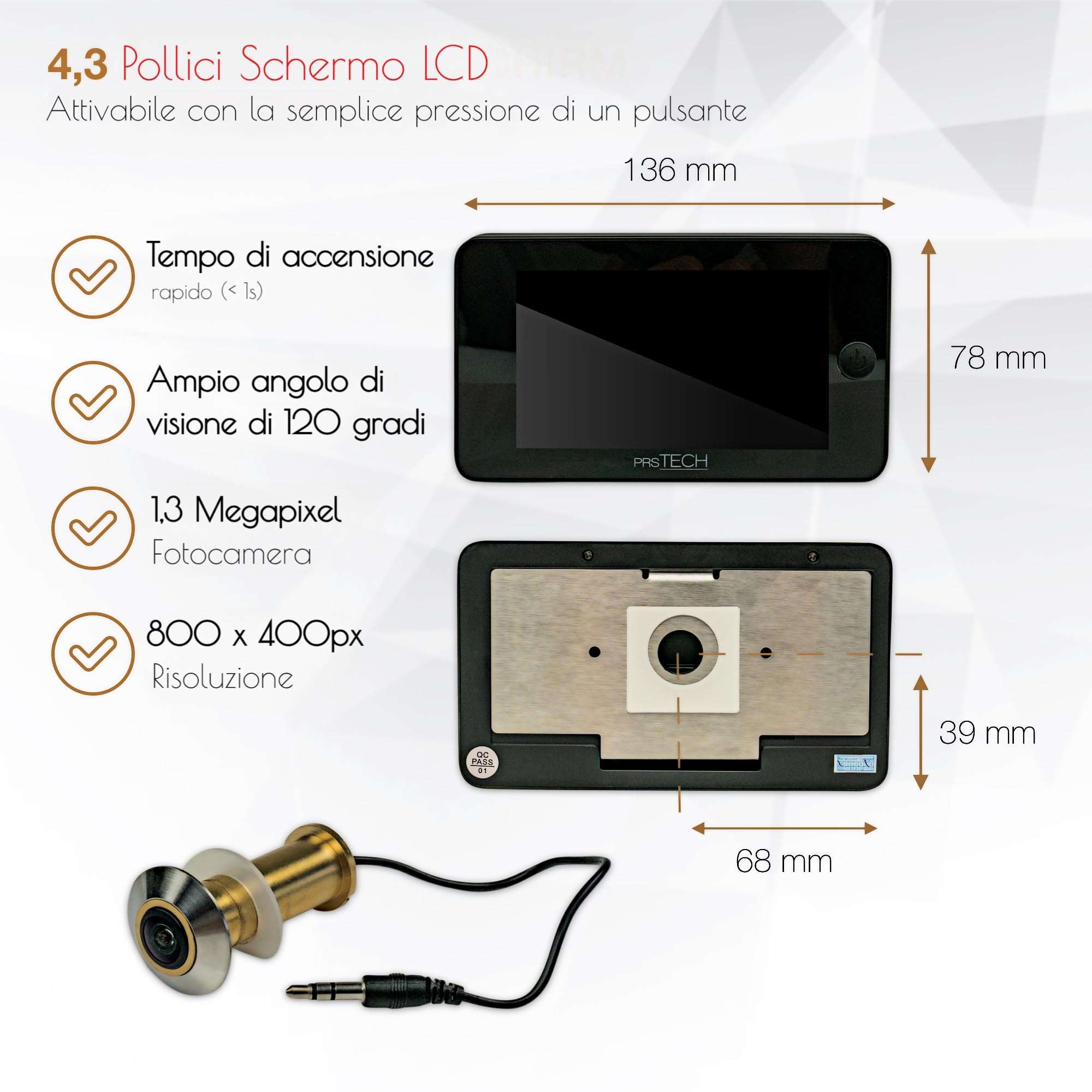 DoorCAM DC2 PLUS spioncino digitale elettronico per porta, telecamera 38mm a 110mm, Solo movimento