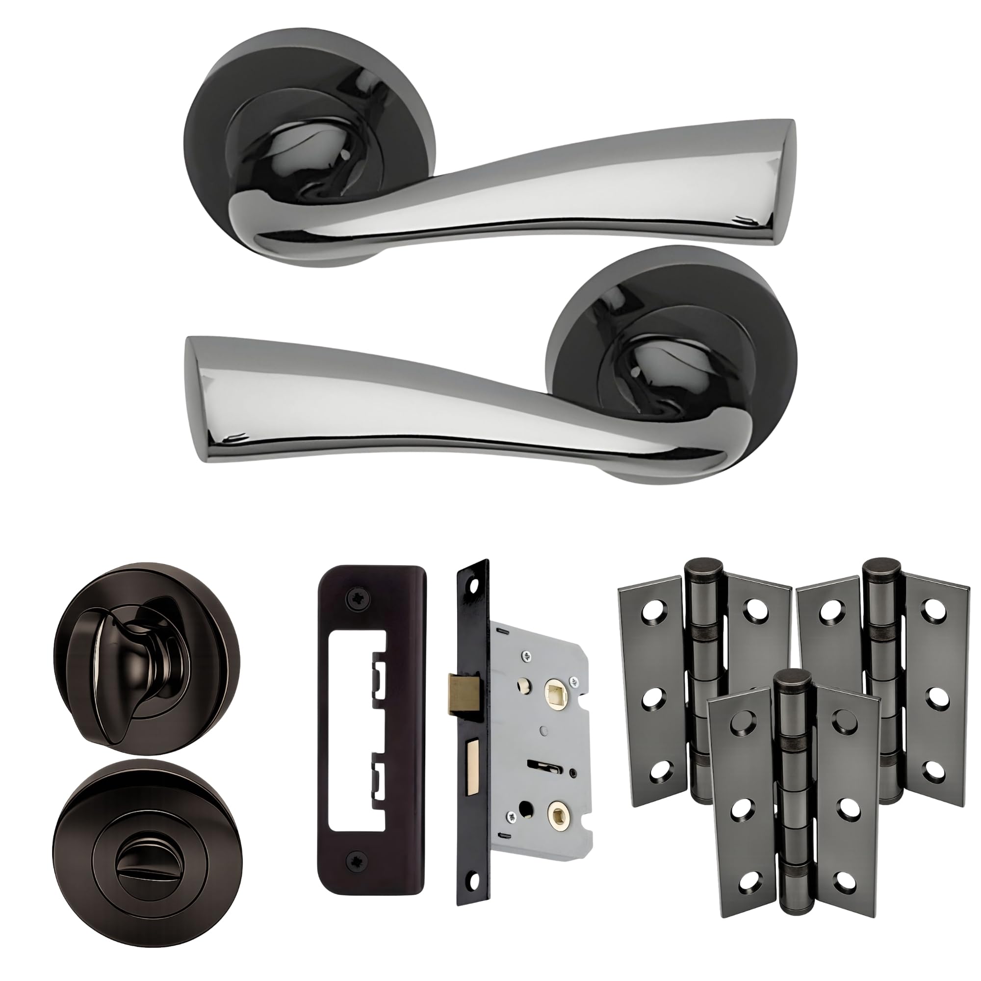 UAP Scimitar Internal Door Handle Bathroom Pack, Black Nickel Polished, with Lock, Hinges and Escutcheon, 75mm