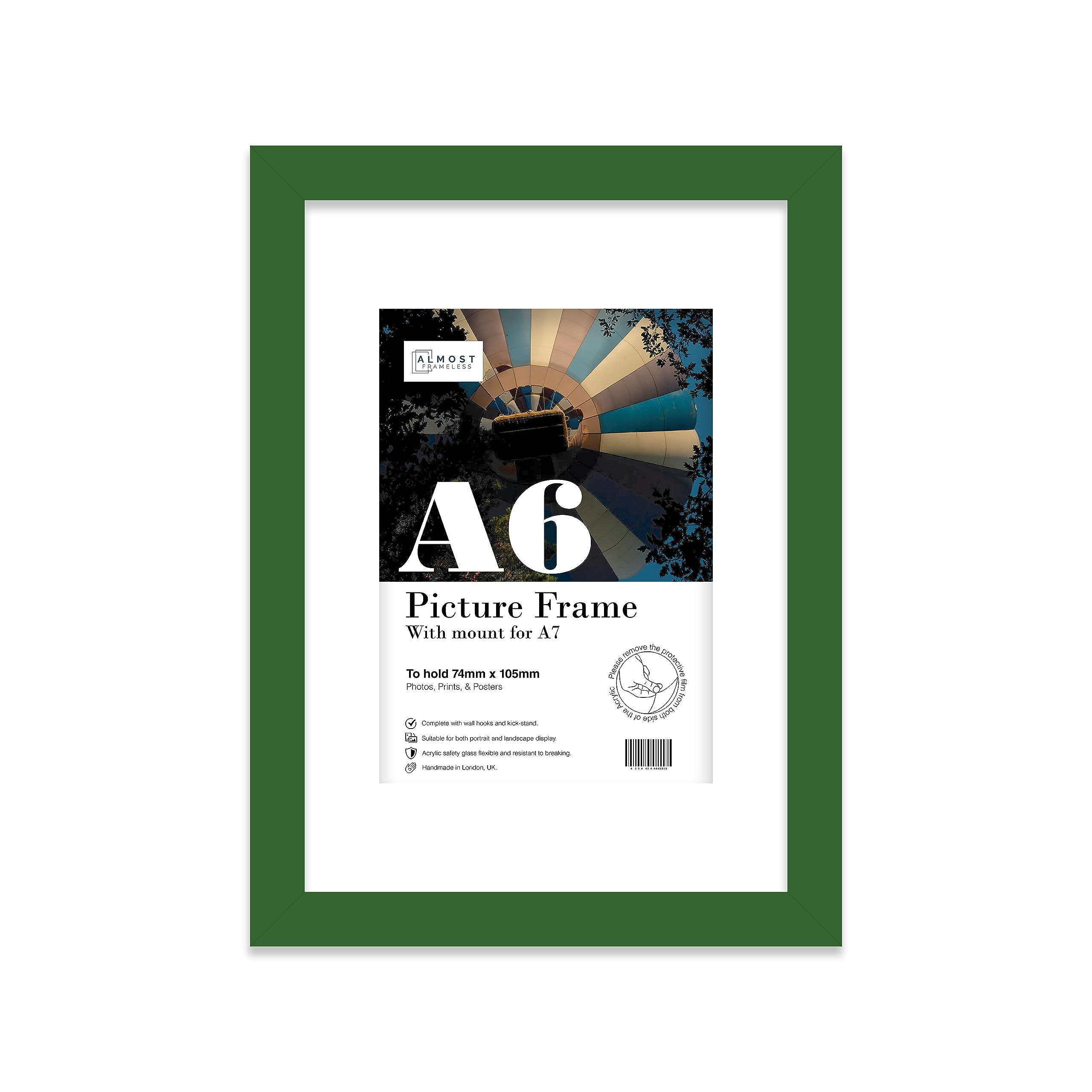 Almost Frameless A6 Green Picture Frame With Mount for A7 Print, Poster or Photo Poster, Photo, Artwork, or Print. Thin Edge Slim Frame Portrait and Landscape Display with Wall Hooks