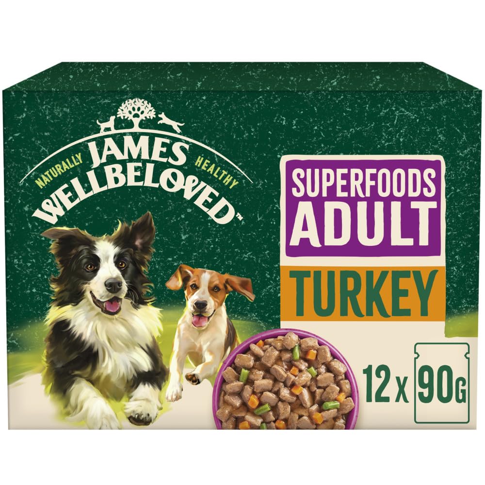 96 x 90g James Wellbeloved Superfood Adult Wet Dog Food Turkey in Gravy Pouch