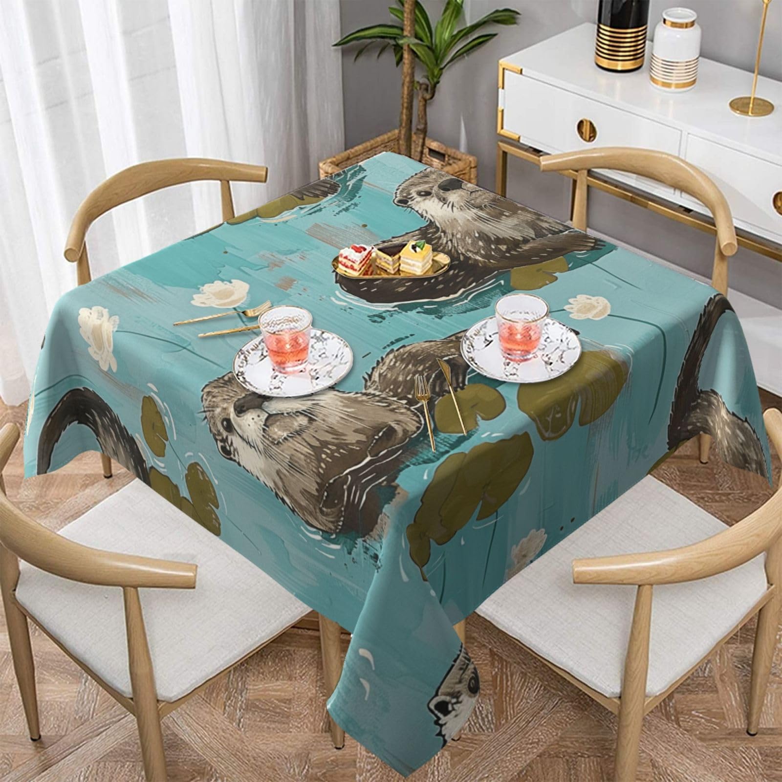 WPKJU Otters Printed Square Tablecloth 60x60 inch Water Resistant Table Cover Washable Rectangle Table Cloth for Dining Tables