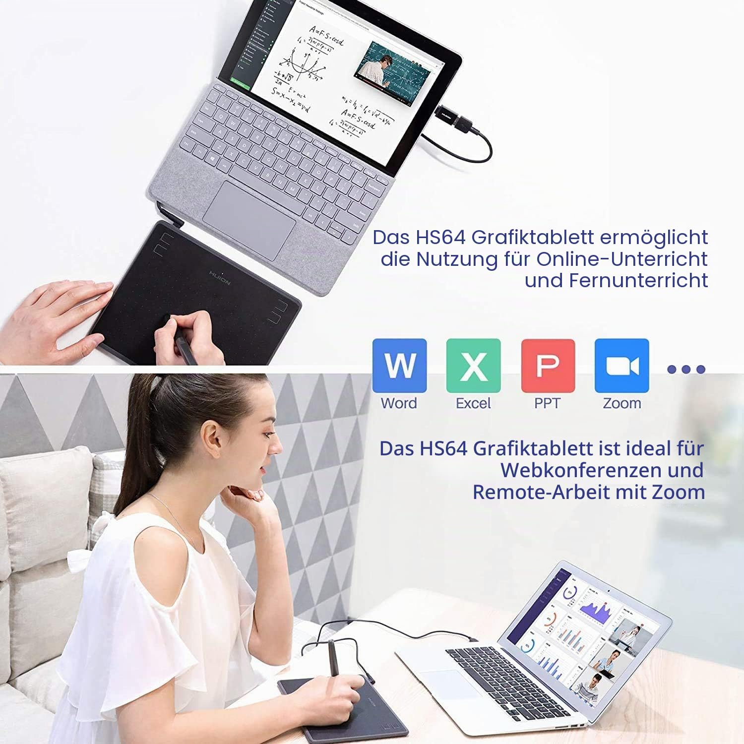 HUION HS64 Grafiktablett mit Batterielosem Stift, 8192 Druckstufen, Zeichentablett für Digitale Kunst, Kompatibel mit Windows Mac Android Linux, Schwarz