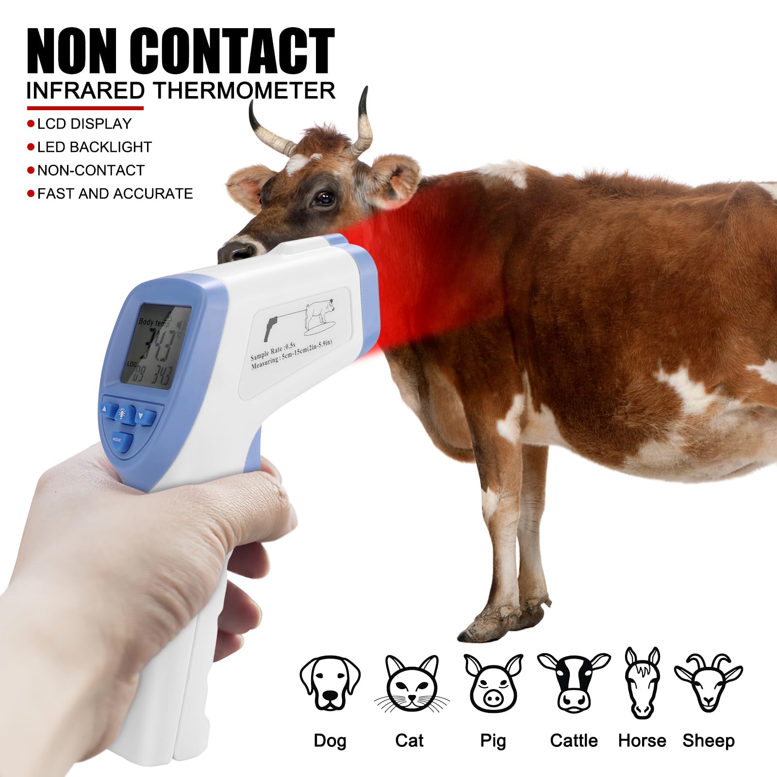 Termómetro para Mascotas, termómetro infrarrojo Veterinario de Alta precisión Termómetro Digital sin Contacto Azul para Cerdo, Oveja, Caballo, Perro