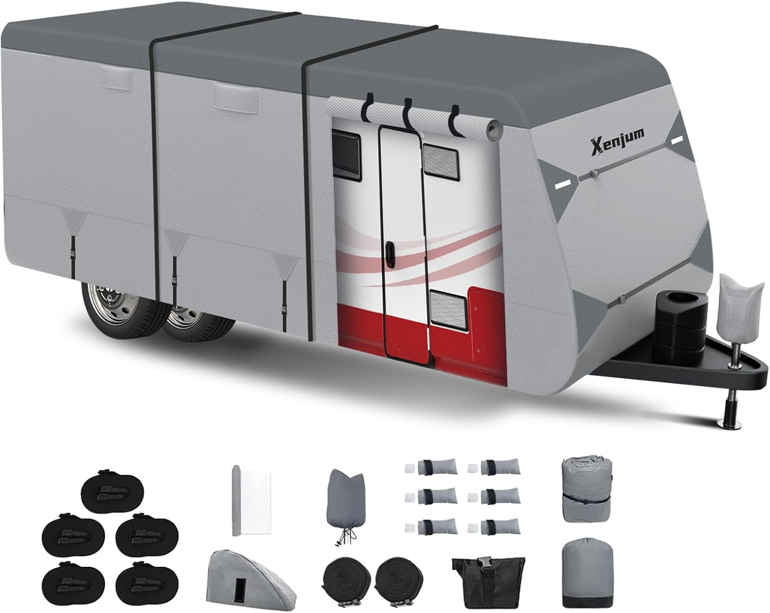 Travel Trailer RV Cover, Upgraded 7 Layers RV Cover for 27-30ft, Utility Camper Cover with 6 Gutter Covers & a Tongue Jack Cover, Weatherproof & UV Resistant for Motorhome Outdoor Storage 27-30FT- 366"Lx102"W x104"H