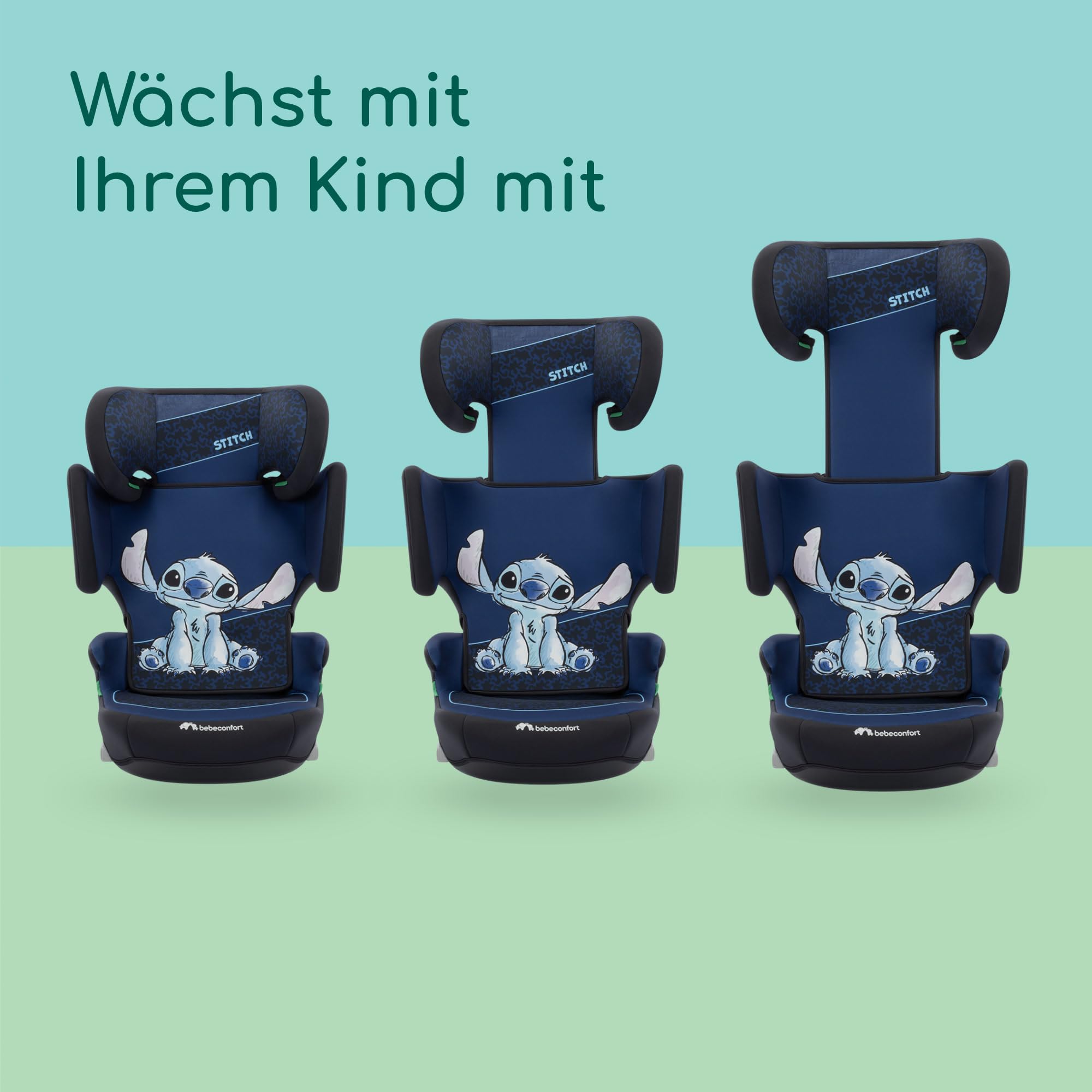 Bebeconfort Disney RoadFix i-Size, Kindersitzerhöhung mit Rückenlehne, 3,5–12 Jahre (100–150 cm), Folgekindersitz Stitch Disney, Klappbar, Leicht (4,4 kg), 14 Kopfstützenpositionen, Authentic Stitch