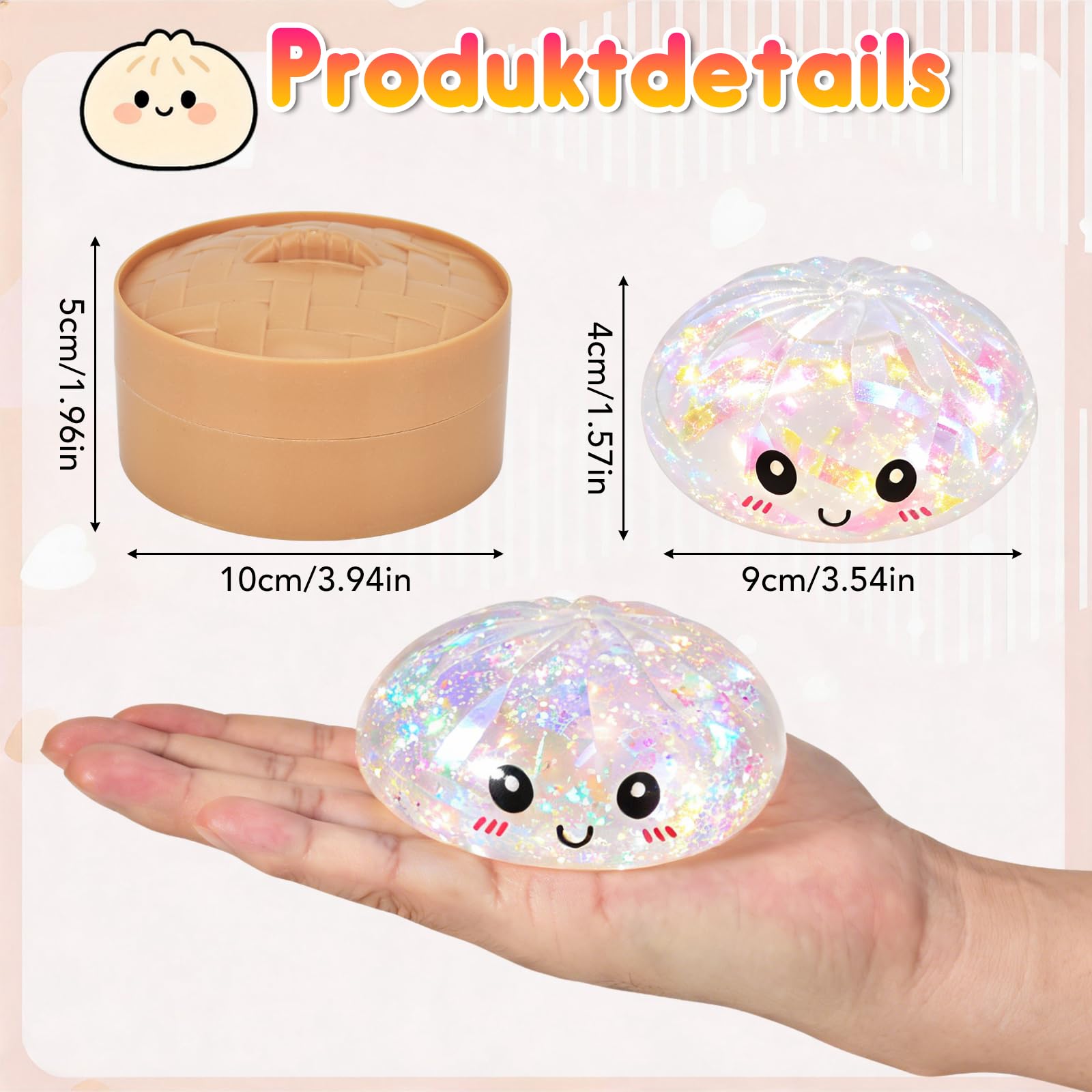 Dumpling Squishy mit Dampfgarer Box,mit Reinigungs- und Entlüftungshinweis Anti-Stress Handspielzeug als Geburtstagsgeschenk, 9 cm Transparent Regenbogen Glitzer Squishy Knödel