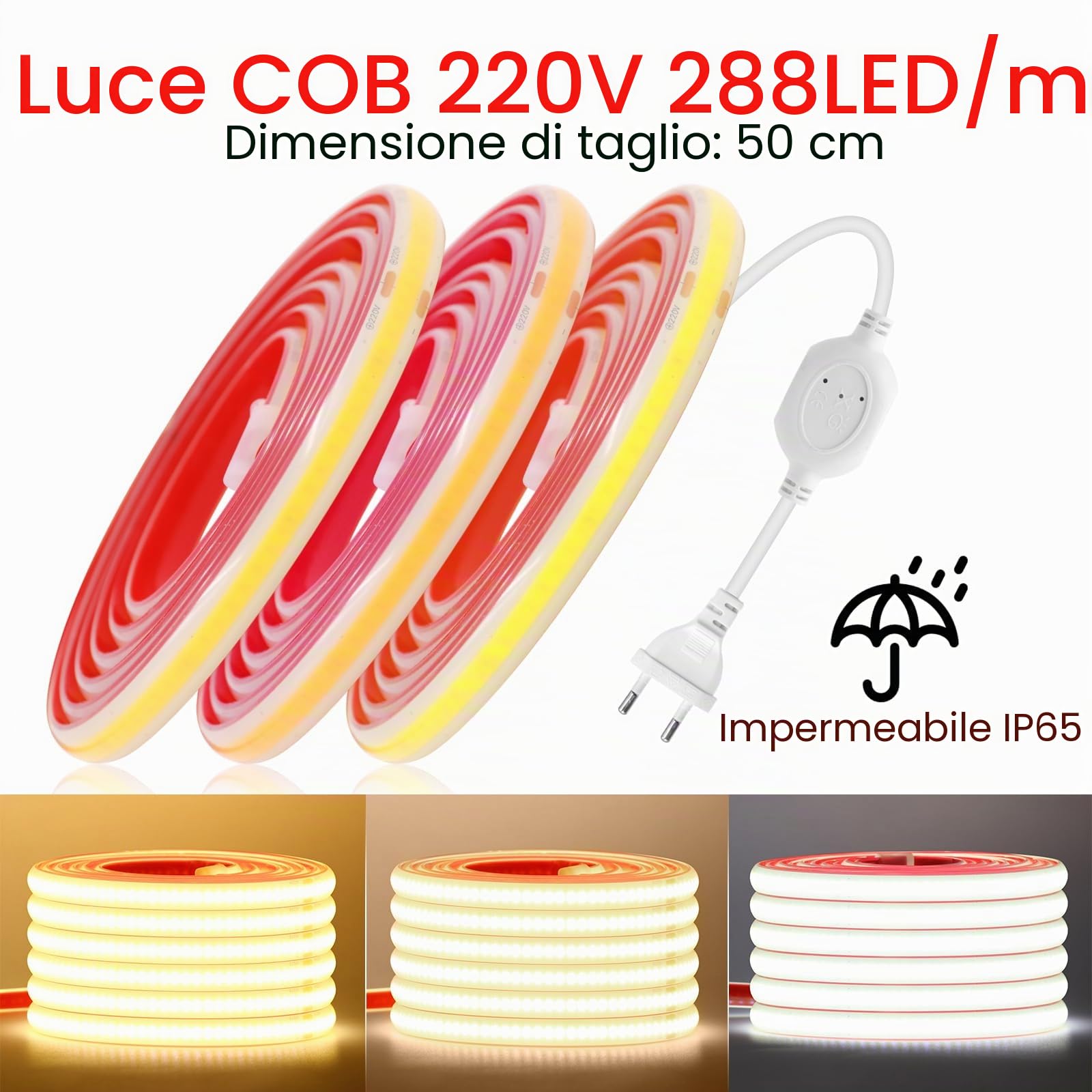 Striscia LED COB 220V, 25M Bianco Naturale 4000K FCOB Striscia LED flessibile, design fai da te, camera da letto, soggiorno, sala giochi, cucina, festa e decorazione del negozio