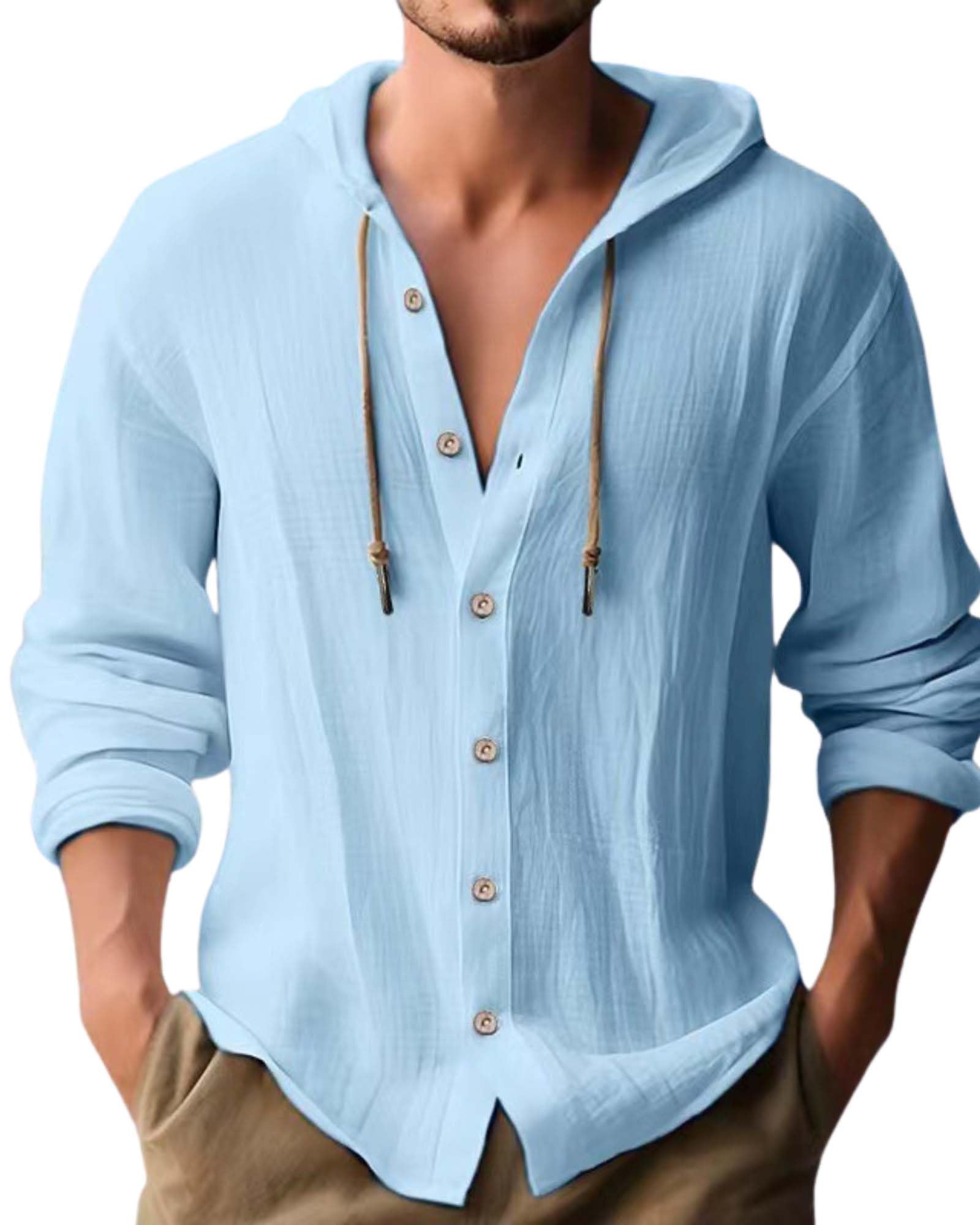 Cotton Linen Hoodie for Mens Summer Casual Long Sleeve Solid Button Down Hawaiian Beach Shirt Tops with Hood