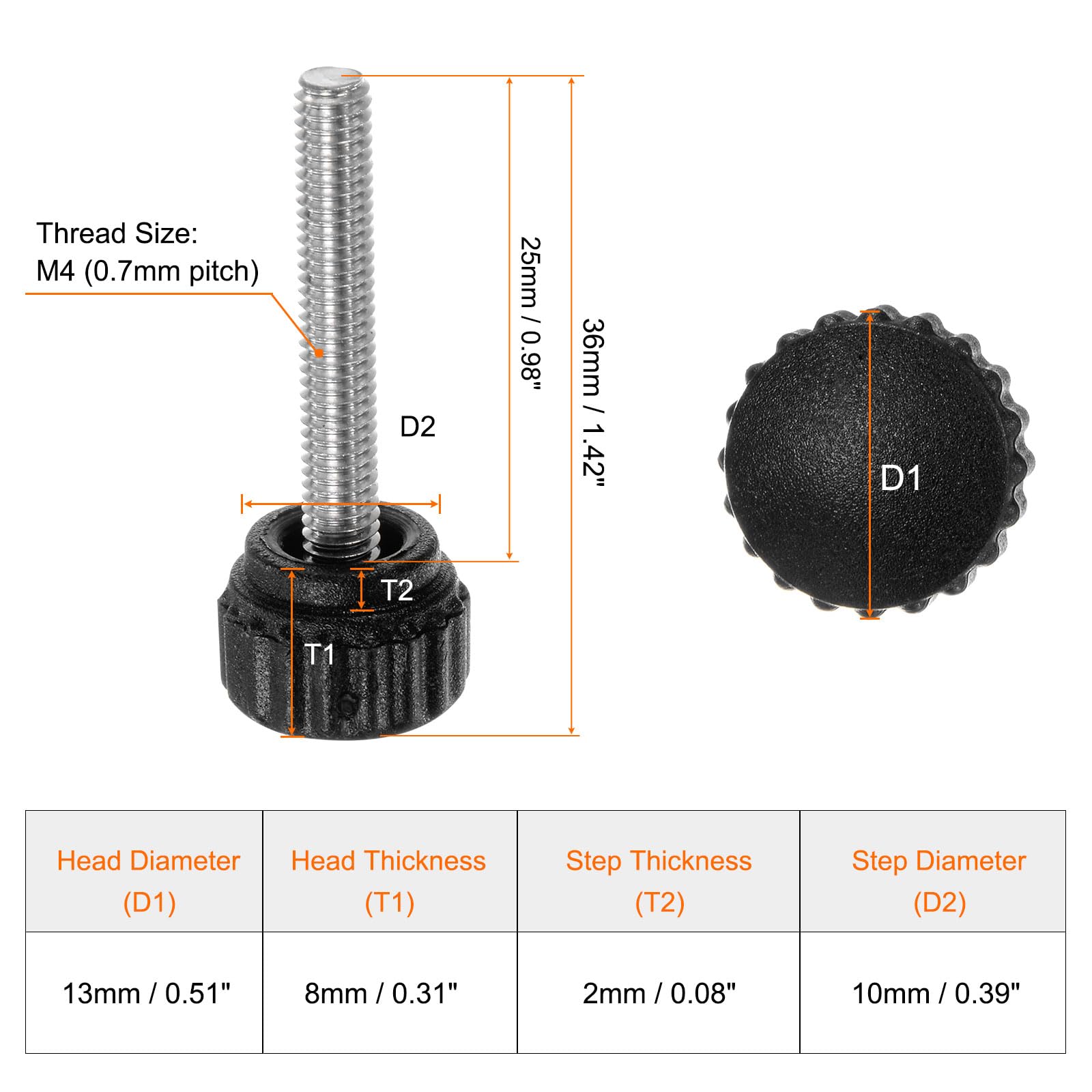 HARFINGTON 20pcs Knurled Clamping Knobs Thumb Screws M4 x 25mm Metric Male Thread 13mm Matte Plastic Head 304 Stainless Steel Stud Hand Threaded Knob Thumbscrew Handle, Black
