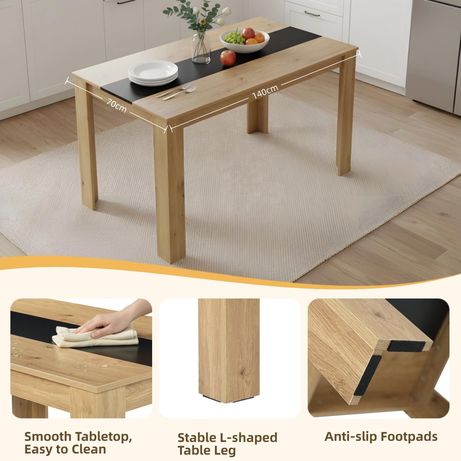 Table de Salle à Manger 140 cm pour 6 Personnes, Table de Cuisine Rectangulaire en Bois pour Salle à Manger Cuisine Restaurant ou Salon, Style Industriel, Chêne et Noir, 140×70×75 cm