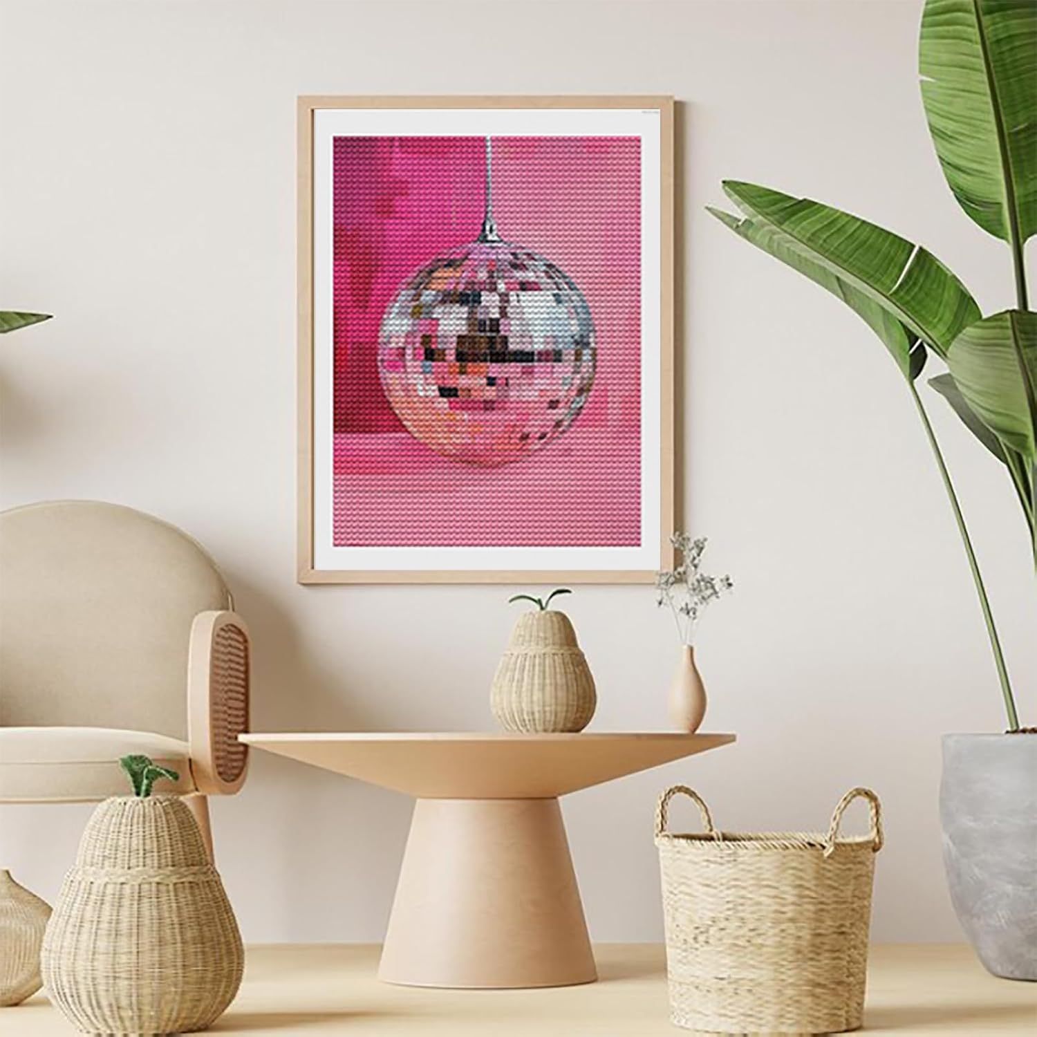 KAYEIUU Disco Ball Pink Diamond Drawing Art Kit for Adults DIY Diamond Art Painting Full Drill Round Gem Art for Crafts Wall Decor 12x16 inch