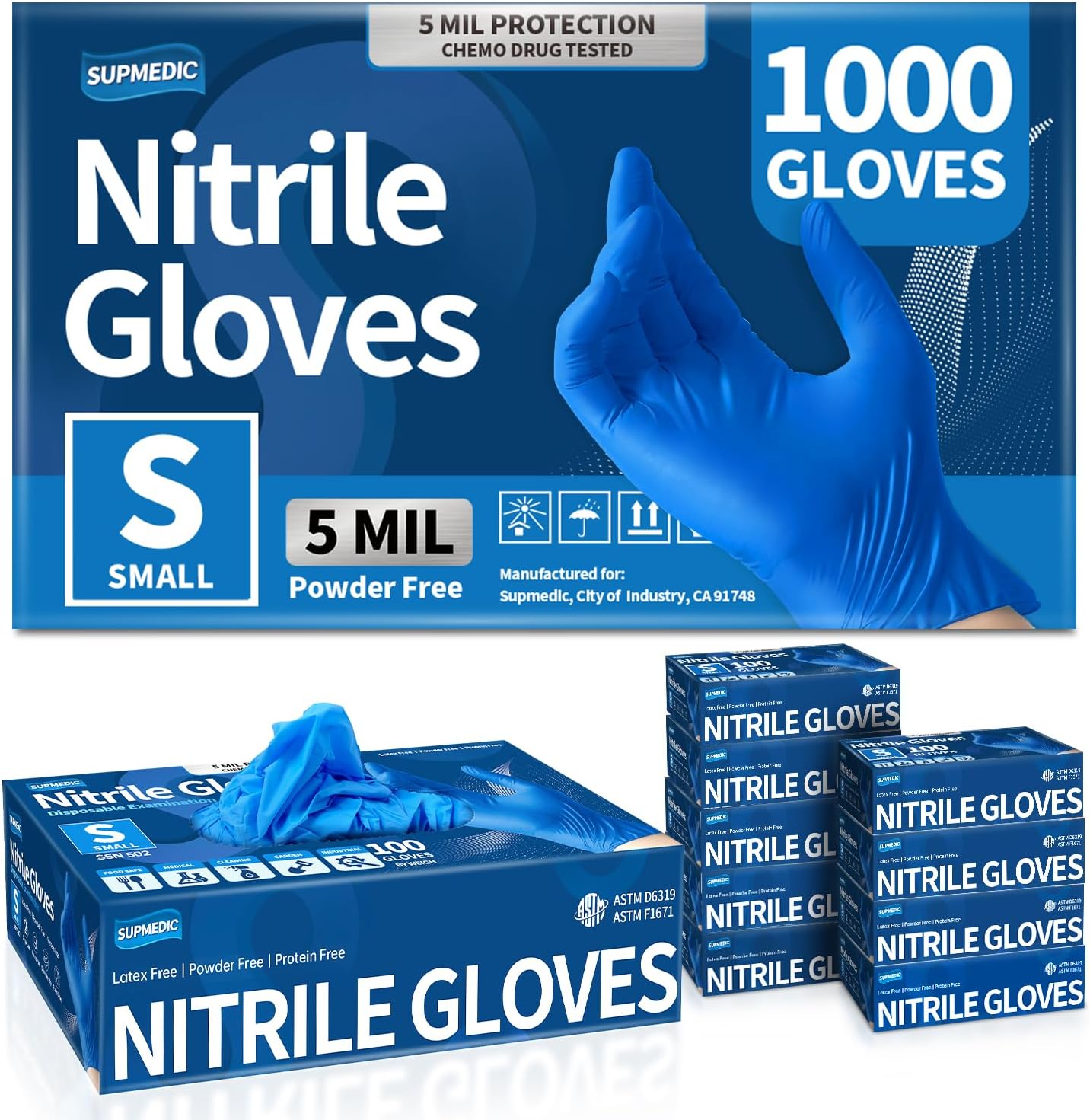 Medical Nitrile Exam Gloves, blue, 5 mil, 1000 pcs