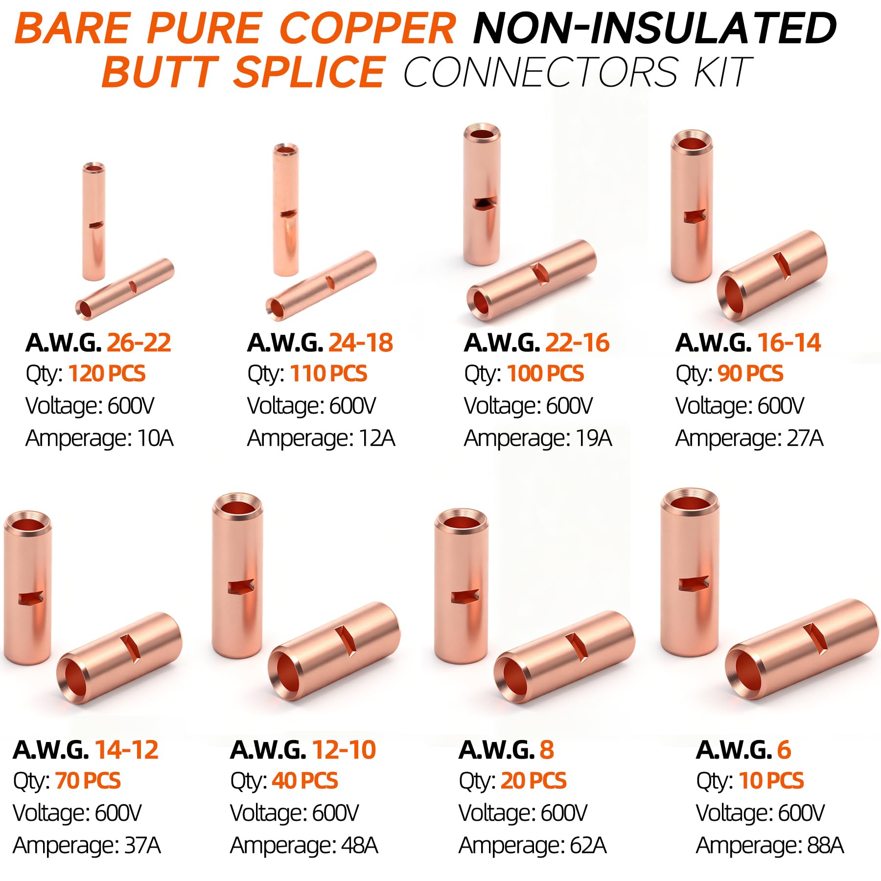 SVAAR Lot de 560 connecteurs bout à bout non isolés 26–6 AWG – Kit d'épissure bout à bout non isolé pour fil de calibre 26 à 6, bornes bout à bout en cuivre pur robuste sans couture