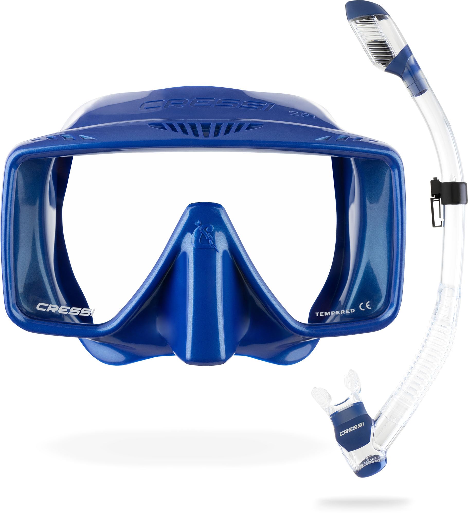 Cressi SF1 Frameless Mask & Dry Snorkel Combo - Low-Volume Design for Diving Equalisation - Dry-Top Snorkel Splash Guard - Soft Skirt Snorkelling Fit - Metal Blue/Metal Blue