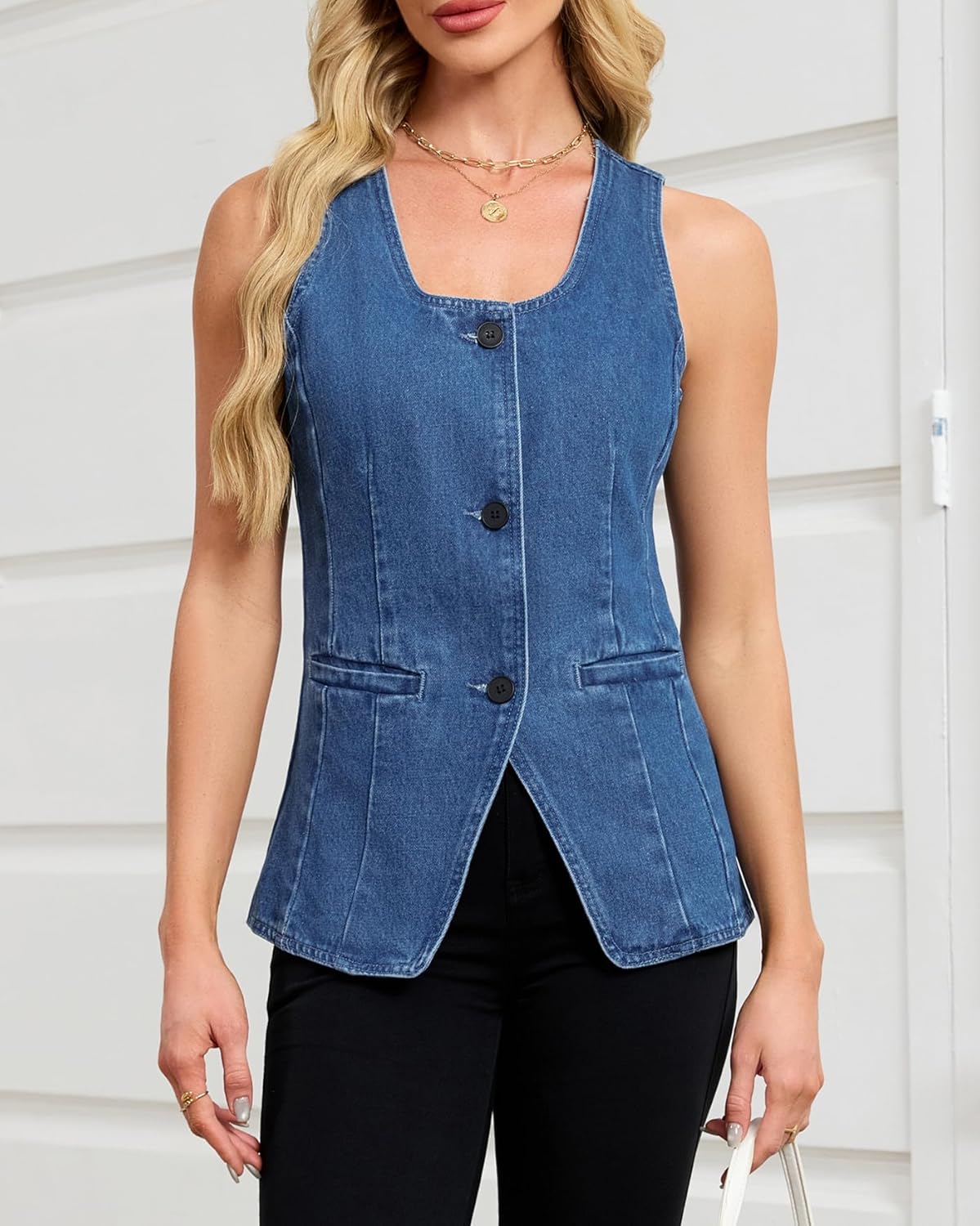 Kedera Denim Vest for Women Button Down Long Jean Waistcoat Casual Scoop Neck Sleeveless Denim Jackets Slim Fit Jean Top - Image 6