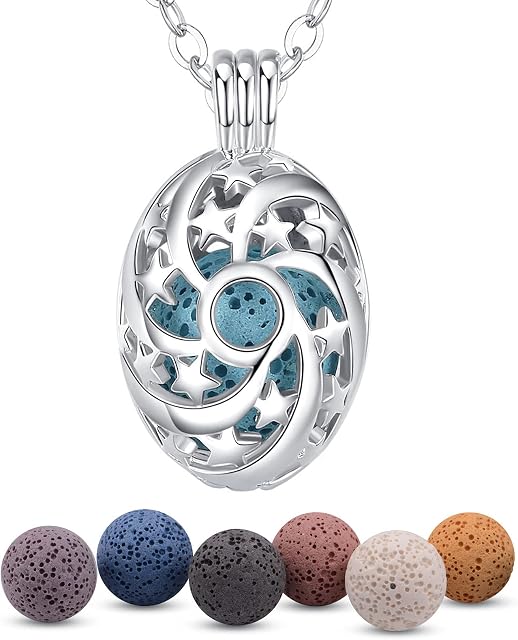 INFUSEU Aromatherapy Jewellery Essential Necklaces, Anxiety Relief Oils Diffuser for Women Girls Silver Plated Ellipse star Pendant with 24" Chain & 7 Reusable Lava Beads