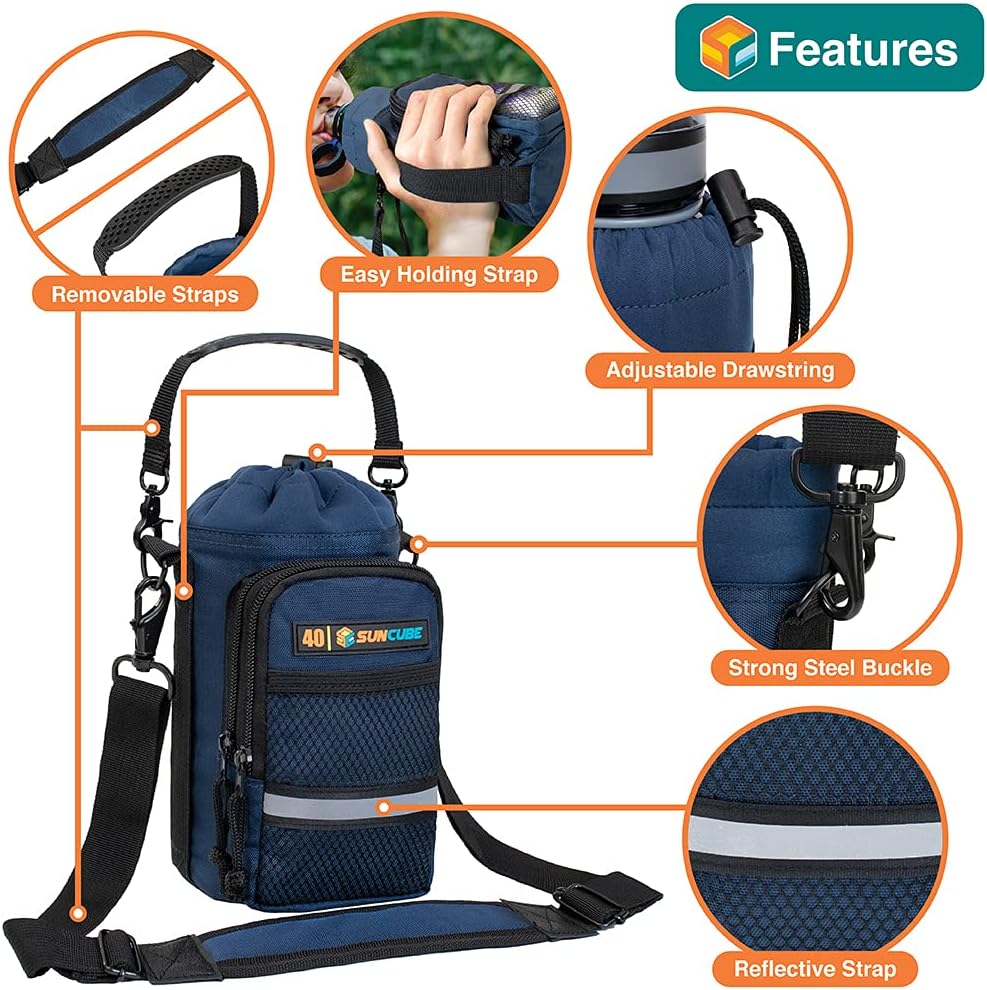 SUN CUBE Water Bottle Carrier with Strap, Insulated Water Bottle Carrier Bag with Phone Pocket Pouch, Sleeve Sling Purse Crossbody Bottle Holder for Walking, Sports, Hiking Accessories 40/64 oz - Image 3