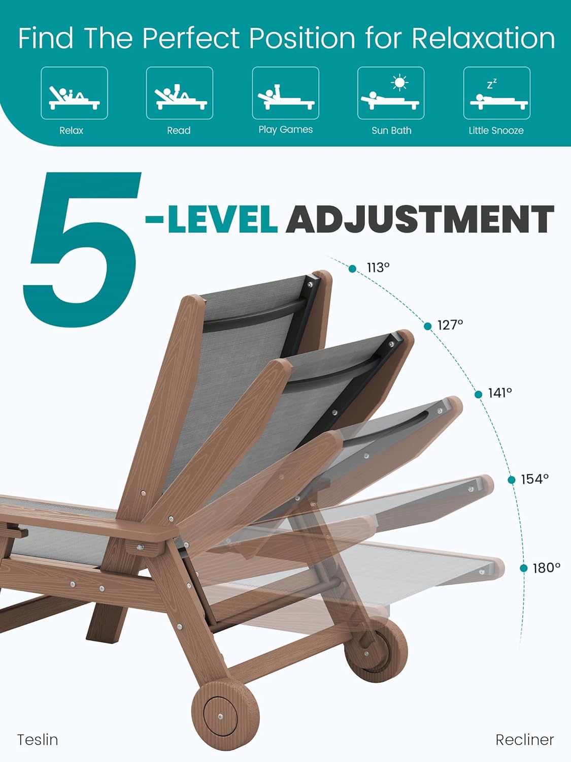 SERWALL Textilene Patio Chaise Lounge Chair Set of 2, 5 Positions Outdoor Lounger with Rolling Wheels for Pool, Deck, Brown