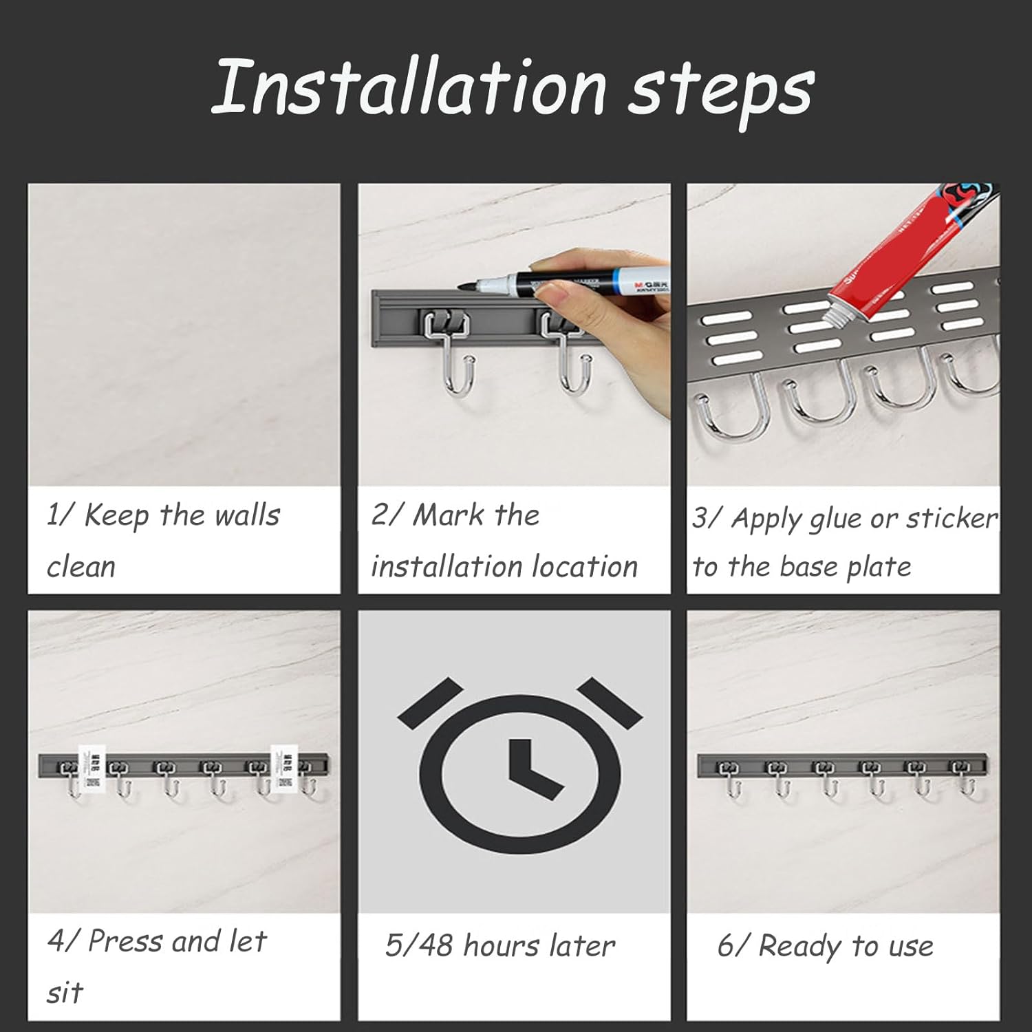 Dxcaicc Kitchen Sliding Hooks,Wall Mounted Hanging Utensil Holder Rack, Removable Storage Organizer with Hooks,Wall Mounted Hanger Hooks for Towel,Kitchen Tools,6Hooks