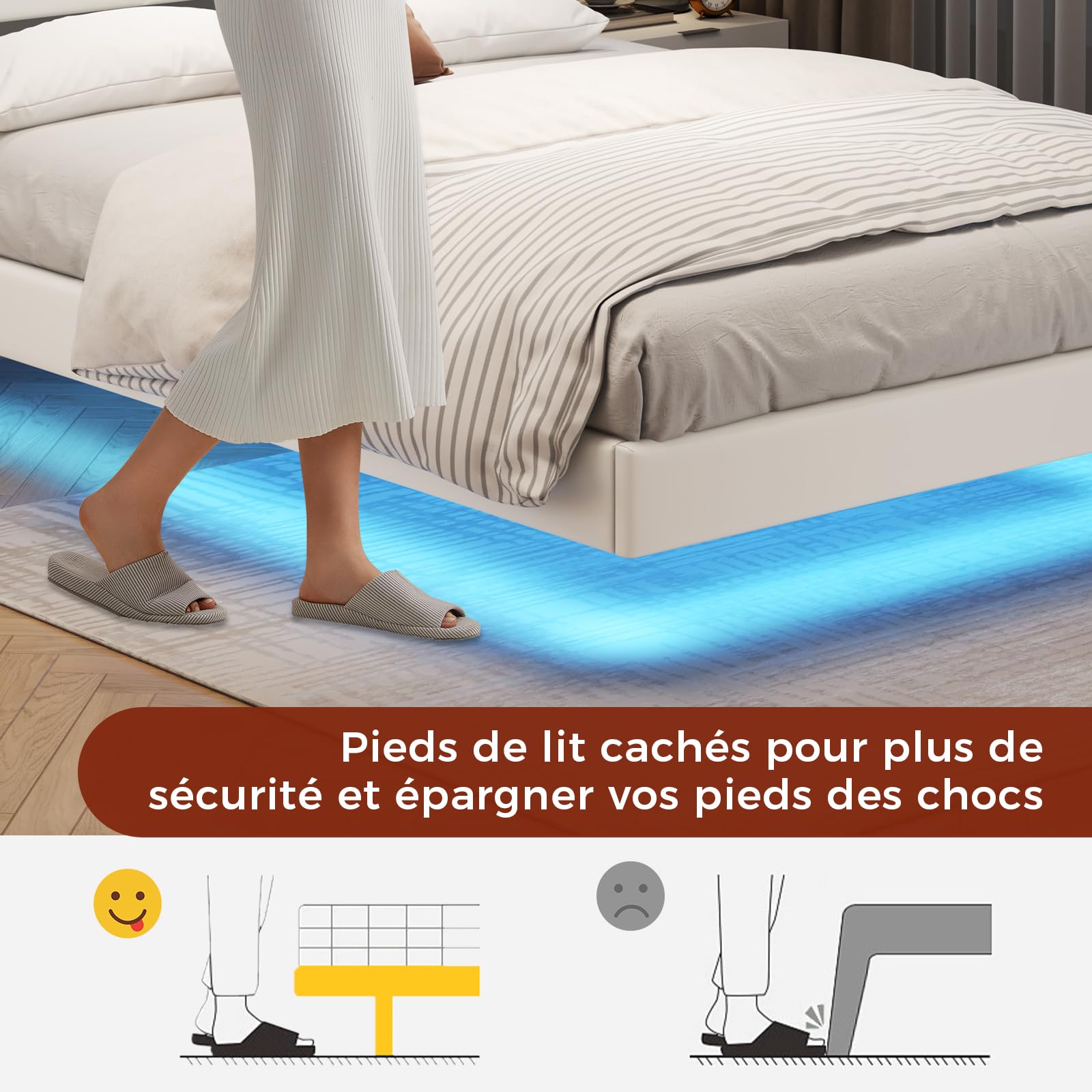 KIMENICH Lit 140x190 cm, Effet Flottant, Lits Double avec LED Réglable, Multiprise et Étagère Ouverte, Cadre de Lit avec Sommier à Lattes, Lits Flottant Rembourré, PU Blanc