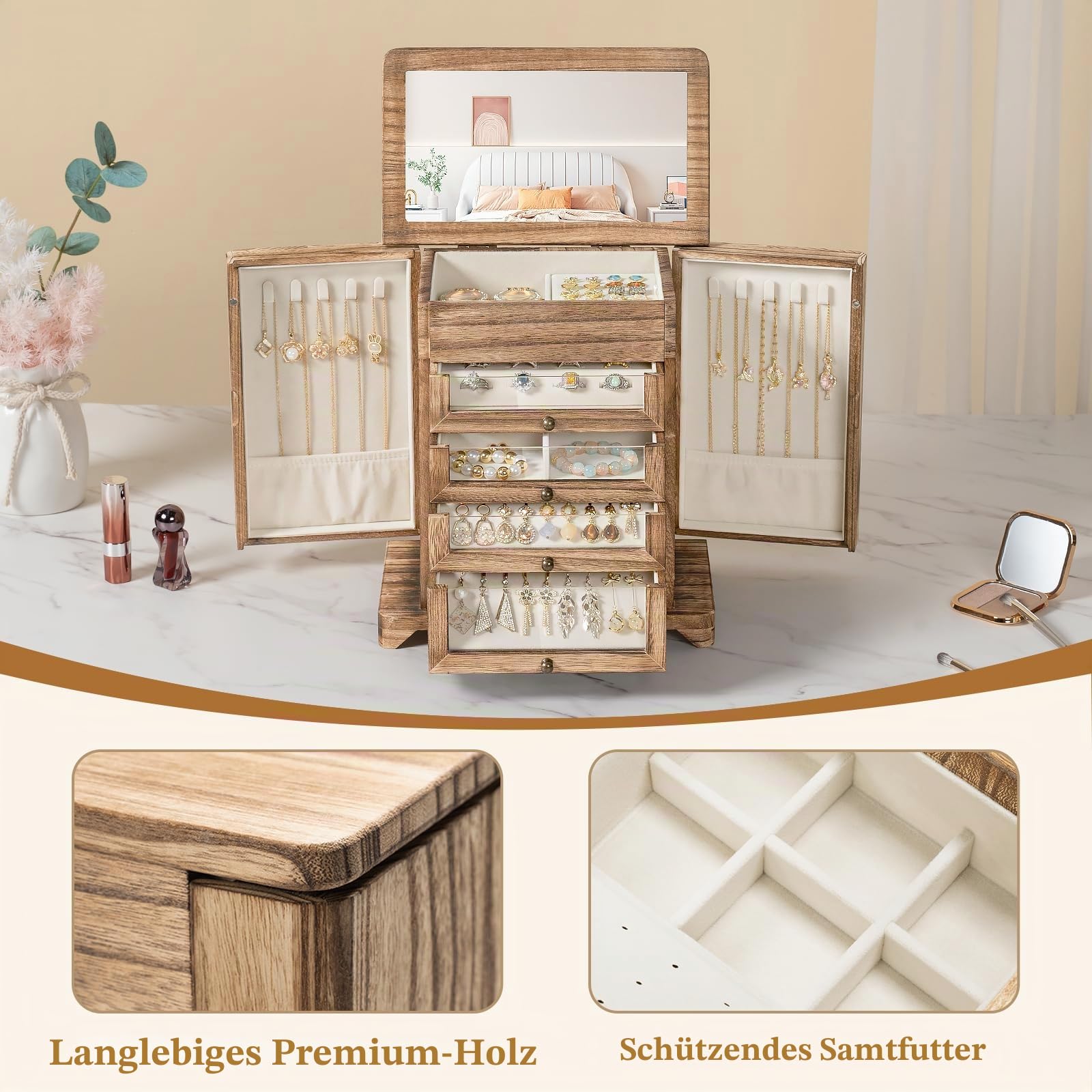 Große Schmuckschatulle und Organizer für Damen,für Halsketten Ohrringe Armbänder Ringe, 4 Ebenen Schmuck Organizer Schmuckbox mit Schubladen und Spiegel (Braun)