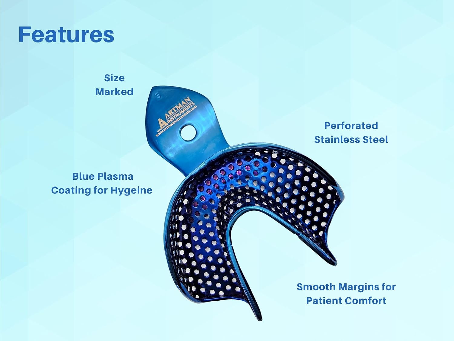 ARTMAN Instruments Dental Impression Trays – Plasma-Coated Metallic Blue Set of 6 Stainless Steel, Perforated, Autoclavable Trays (Small/Medium/Large – Upper & Lower)