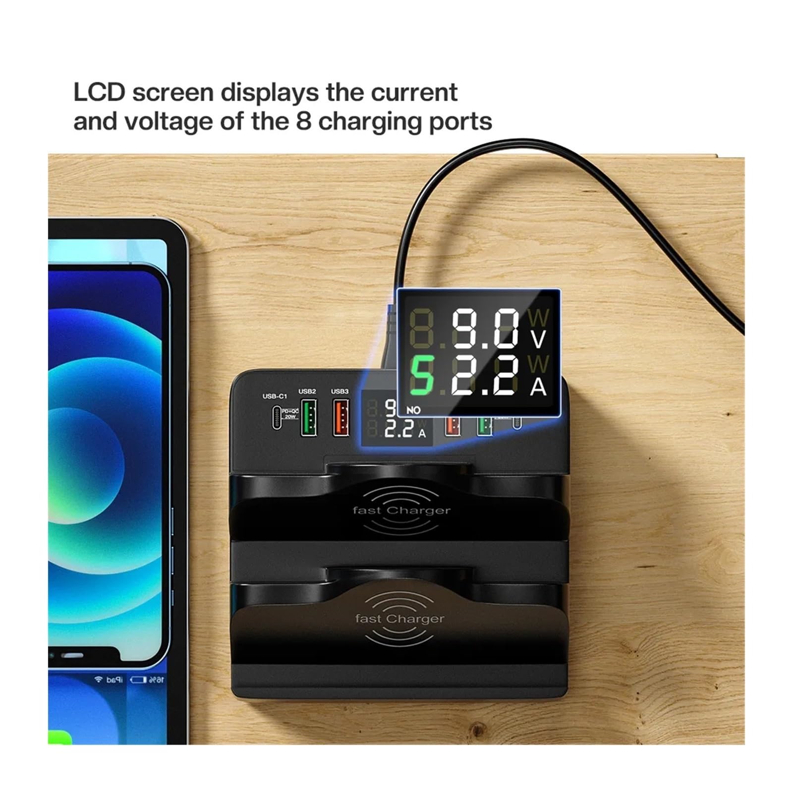 Ładowarka USB 80 W z podwójną indukcyjną bezprzewodową podstawką ładującą, 6 portów stacjonarnych QC3.0 PD szybka ładowarka, stacja ładująca USB C