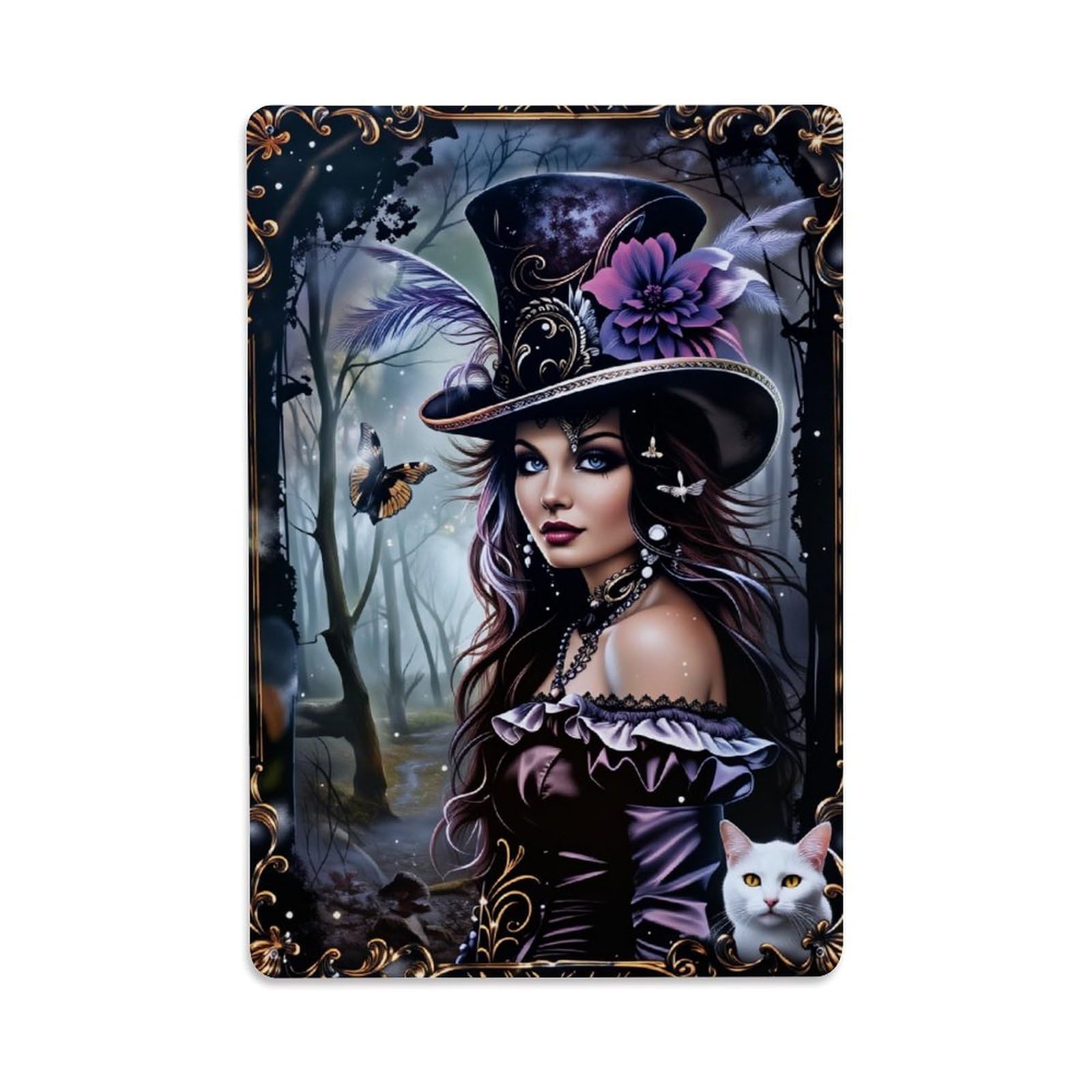Jdfenggu Vintage Fantasy Forest Woman Cat Hat Retro Metal Tin Sign, Decor Art Poster For Bar, Home, Man Cave, Kitchen, Laundry Room Gift 8X12inch