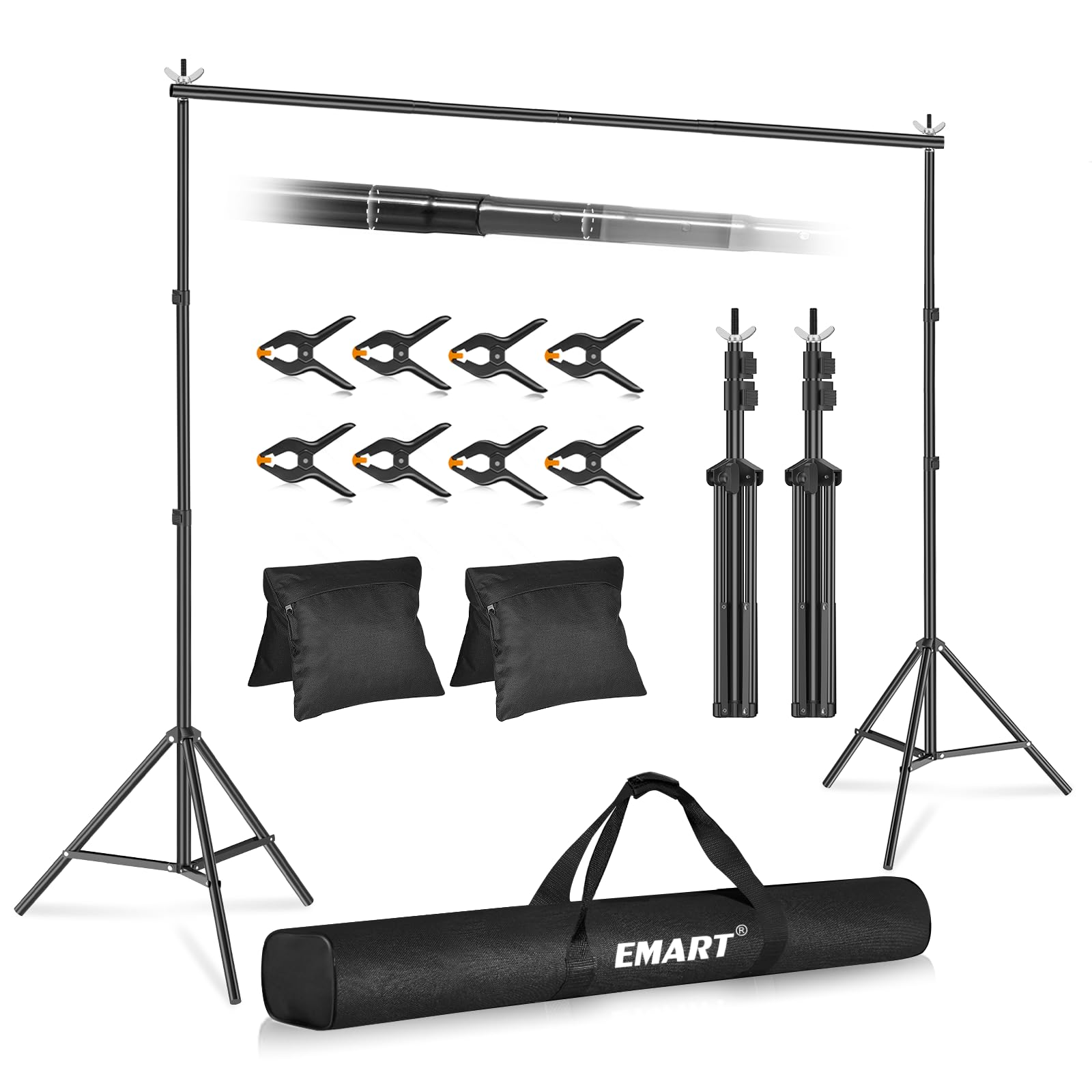EMART Backdrop Stand, 10x7.8ft/3x2.4m Adjustable Background Support Kit with 2 Crossbars, 8 Clamps, 2 Sandbags and Carrying Bag for Photo Video Studio Parties Events Decoration -Black