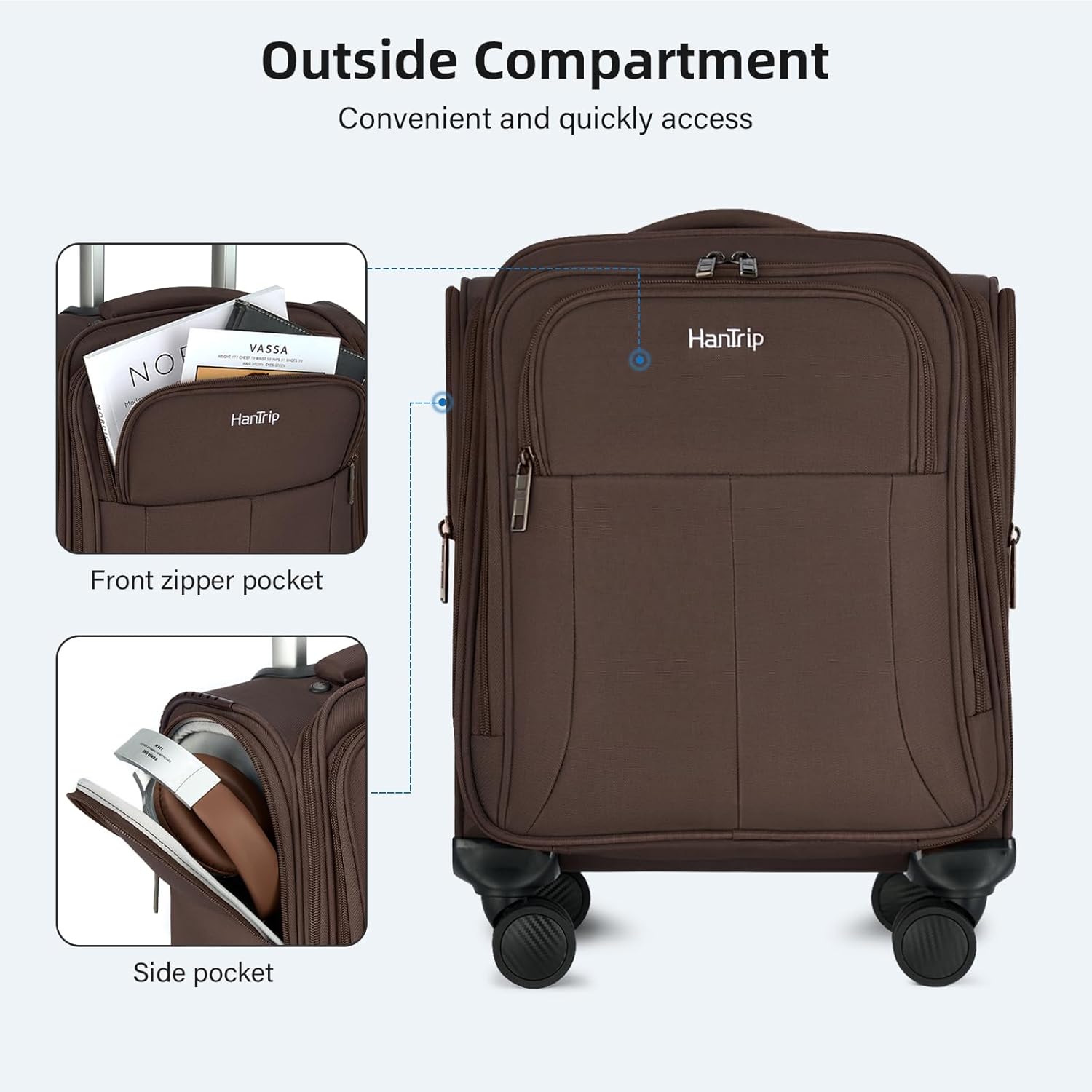 16 Inch Underseat Carry On Luggage with Wheels Softside Small Suitcases Personal Item Bag with Pocket Travel Luggage for Men Women Business Overnight Bag(Coffee) - Image 9
