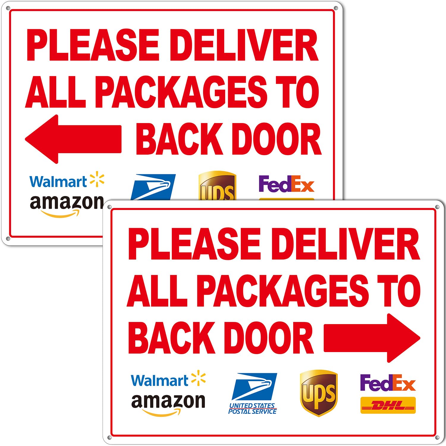2 Pack Please Deliver All Packages to Back Door with Left & Right Arrows, 14 x 10 in Delivery Signs for Packages, Clear Visibility & Weatherproof