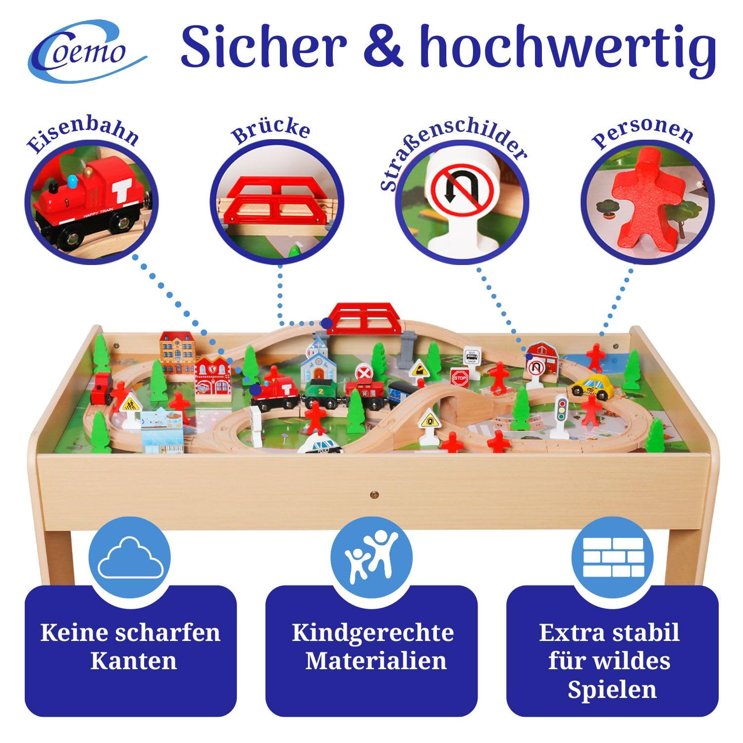 Coemo Spieltisch inkl. Set 90-TLG. Holzeisenbahn, Natur, Motorikspielzeug | Mit umkehrbarer, abnehmbarer Tischplatte, Gleise, Zug, Geschenk für Kleinkinder, Jungen und Mädchen ab 3 Jahren