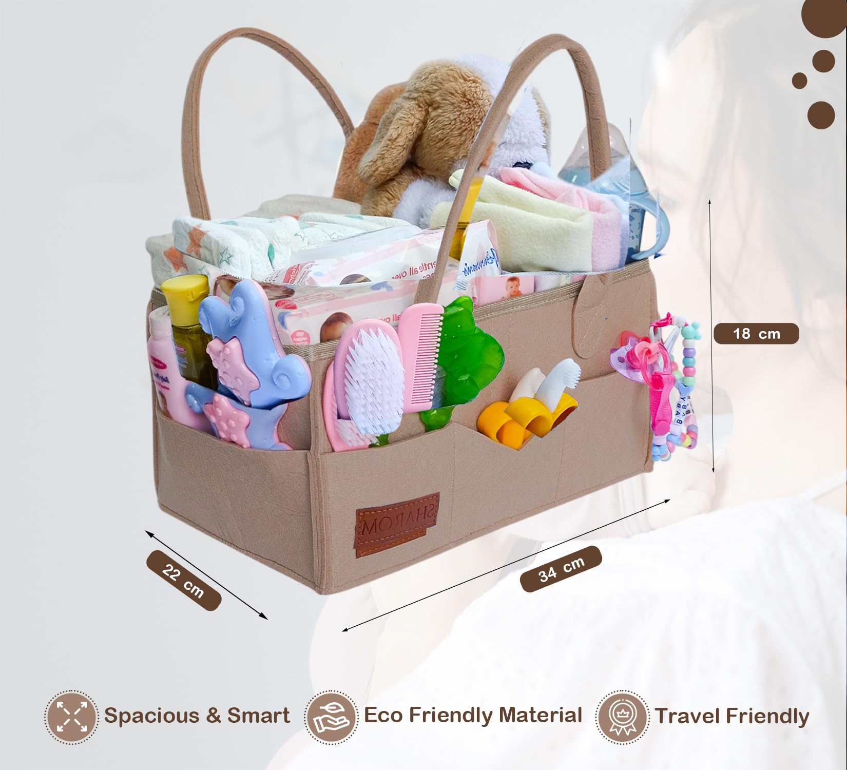 SHAROM Nappy Caddy Organiser. Sturdy & Portable Baby Diaper Cady with 3 Big Adjustable Compartments & 8 Big Pockets For Storage. Washable Diaper Caddy for Newborn Essentials,34 * 22 * 18 cm (Brown) - Image 2