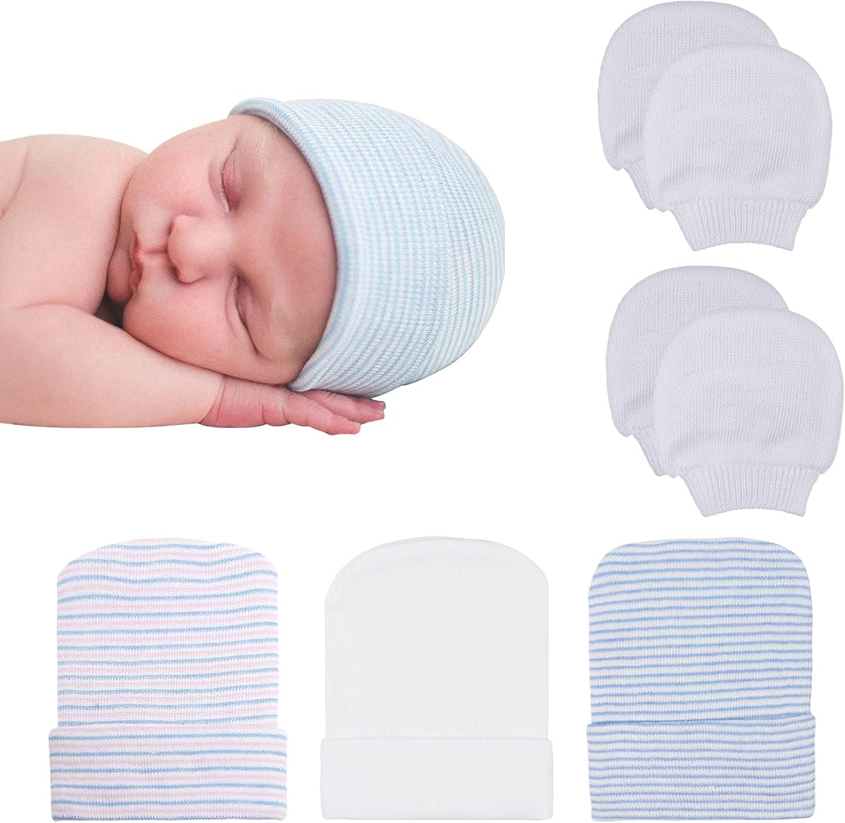 BQUBO Newborn Hospital Hat and Mittens Infant Baby Beanie Soft Cotton Cute Knot Nursery Cap for 0-3 Months Girls Boys