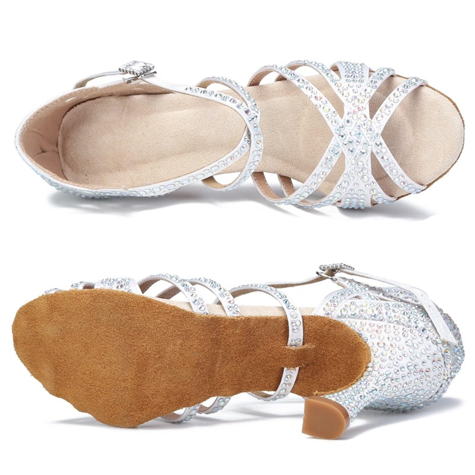 Scarpe Da Ballo Latino Per Le Donne Scarpe da ballo latino da donna in raso di seta con strass lucidi tacchi alti cubani scarpe da ballo salsa scarpe da ballo latino for le donne(Beige heel 7.5CM,5)
