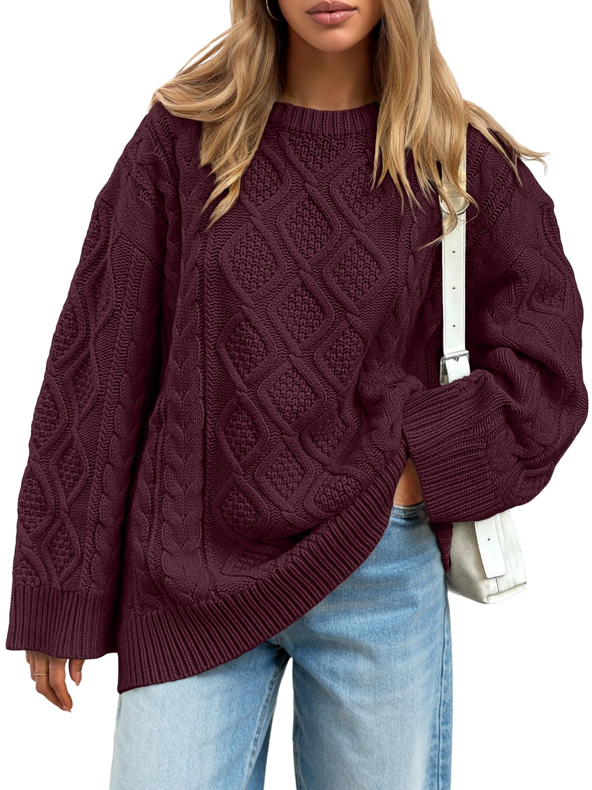 trendy queen Women's Oversized Cable Knit Crewneck Sweaters Cozy Winter Clothes-picture-26