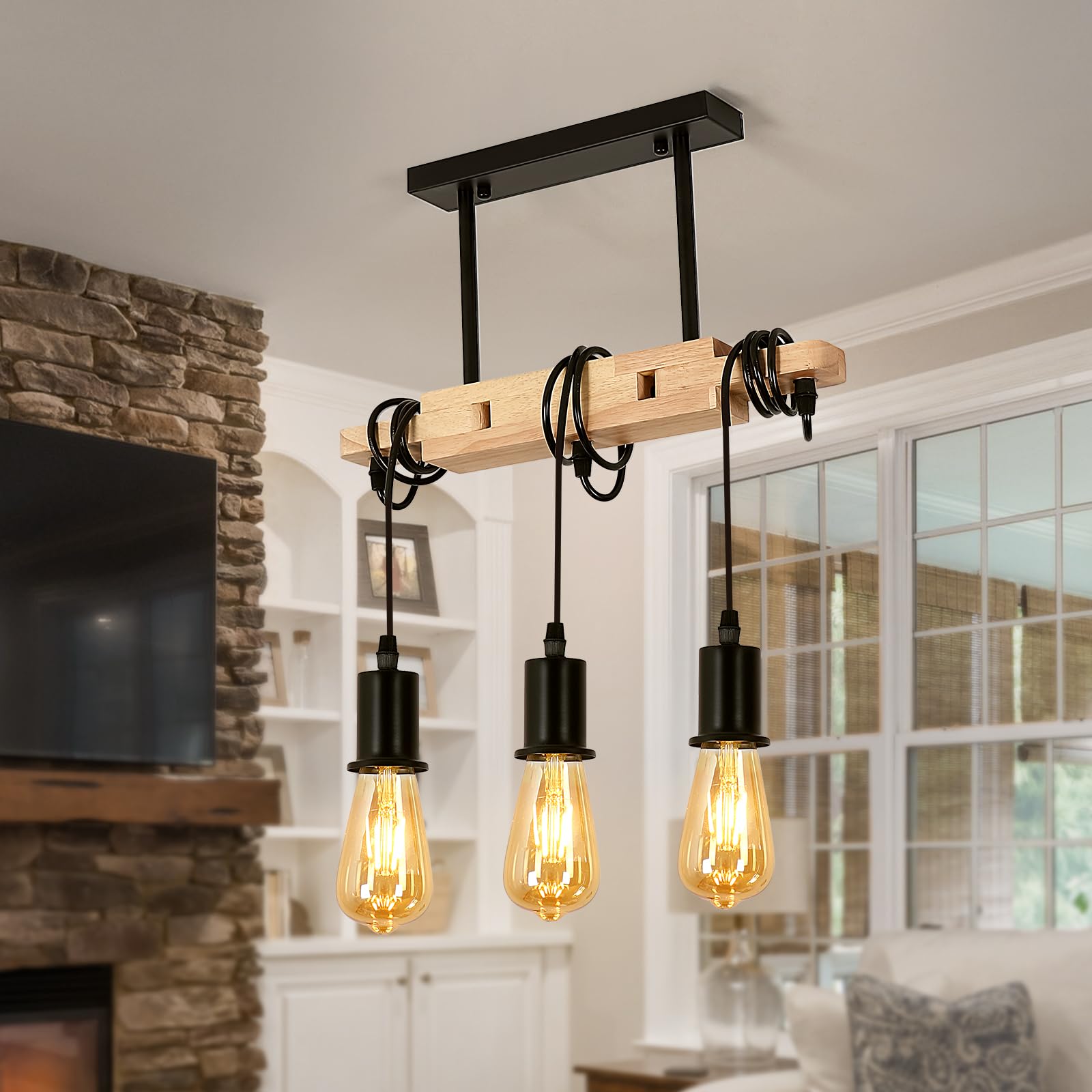 Toolight Suspension Luminaire Industrielle Rétro, Lustre Industriel en Bois, Lustre Réglable Vintage en Métal Noir E27 pour Salon Cuisine Chambre à Coucher (Ampoule non Incluse)