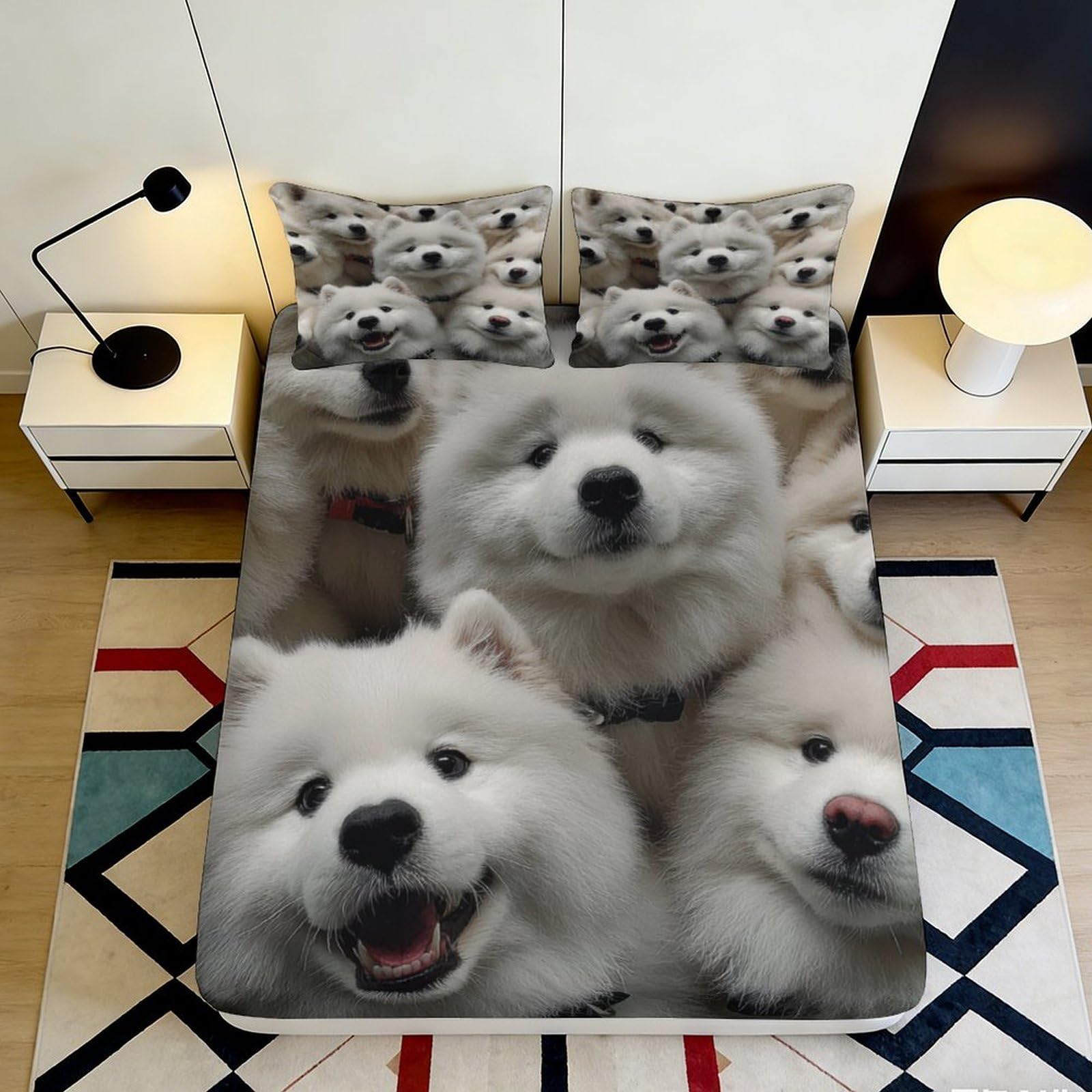 3D Printed Fluffy White Dog Fitted Sheet Microfiber Soft Breathable Puppy Bed Cover for Bedroom Guest Room Decor 90x200x25cm