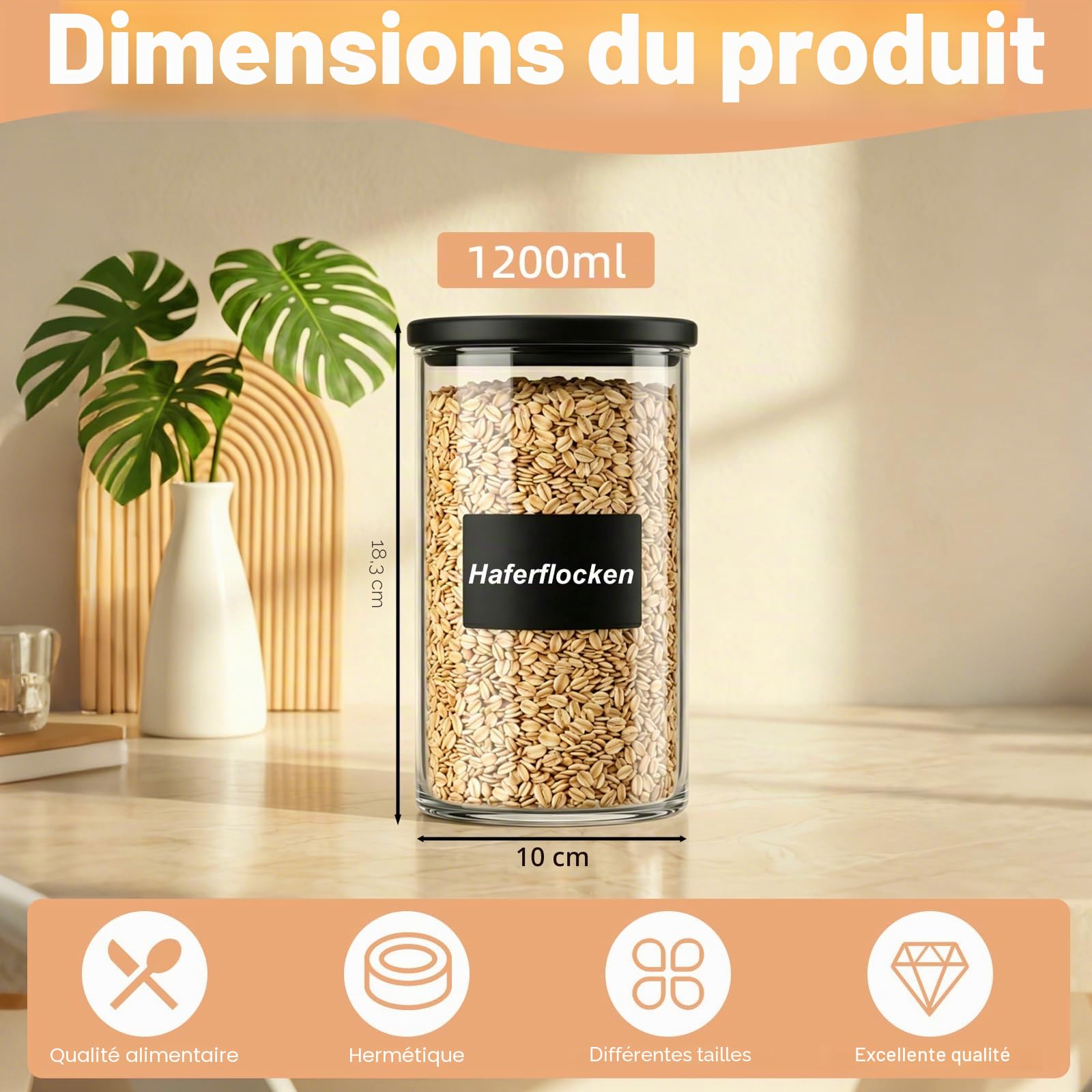 twoant Pot Rond de Bocaux Bocaux Hermetique Alimentaire (4×1200ml) Verre avec Couvercle Transparent les Épices,Céréales,Pâtes,Noix,Biscuits,Piments, Etc