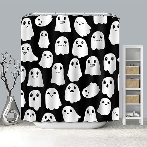 Miniatura 4 de Mocsicka Cortina de ducha de Halloween, fantasma, impermeable, juego de cortina de ducha con 12 ganchos, 72 x 72 pulgadas