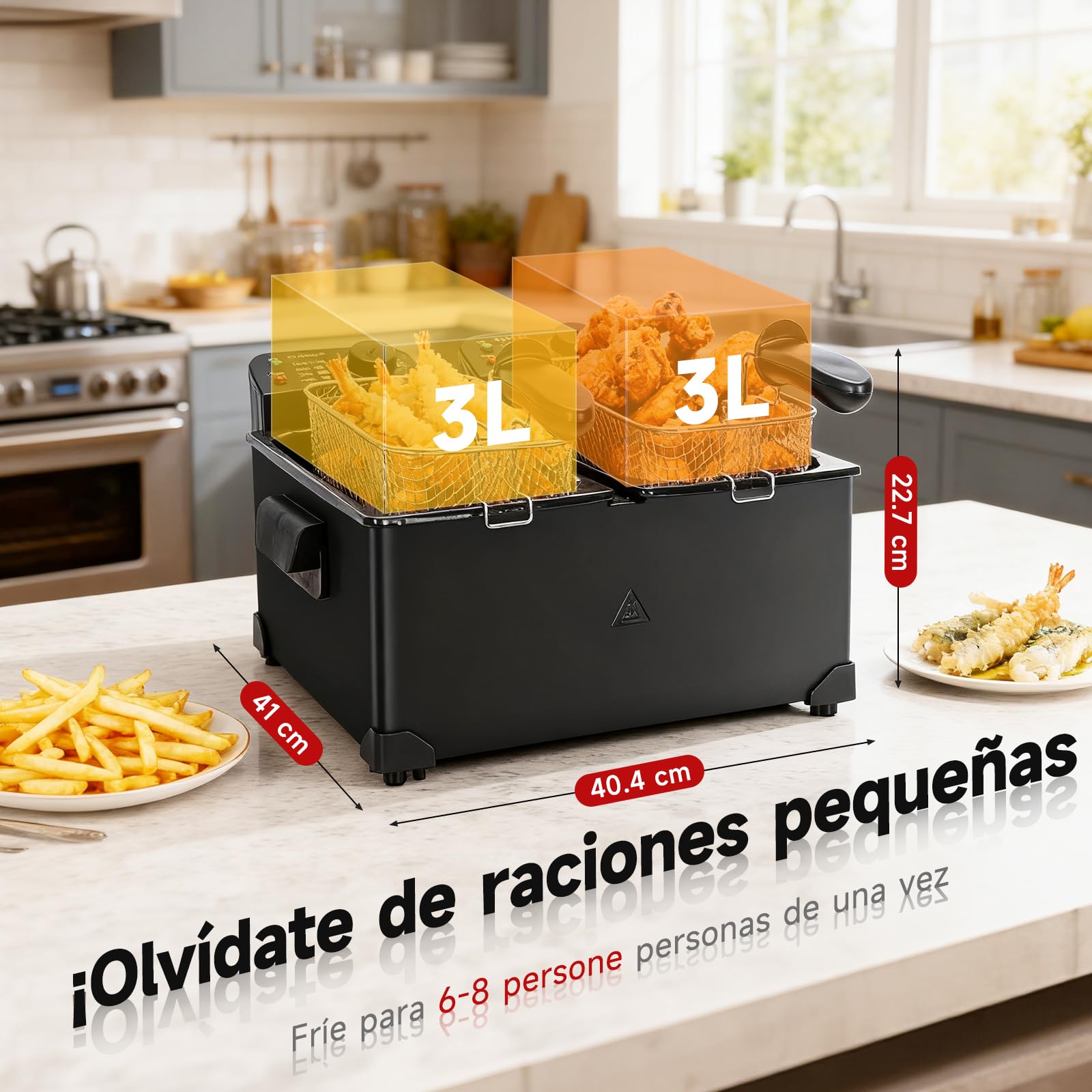 Aigostar Feast - Freidora 6L (2x3L) Acero Inoxidable, 3600W, Termostato Ajustable (90-190°C), Tapas con Ventana, Filtro de Humo, Asas Desmontables, Automático, Esmaltado, Libre de BPA