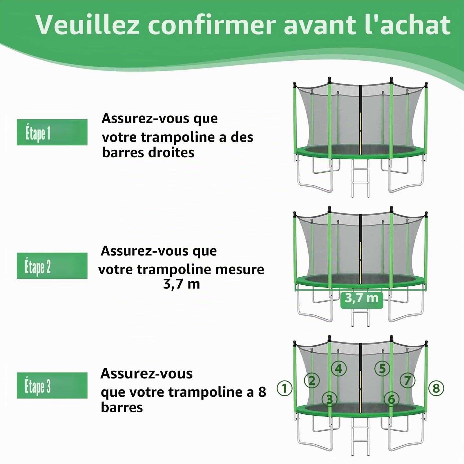 Filet Trampoline 366cm 8 poteaux Accessoires Trampoline Résistant aux UV, Double Fermeture Éclair, Convient à de Nombreuses Occasions，Hauteur 180 cm