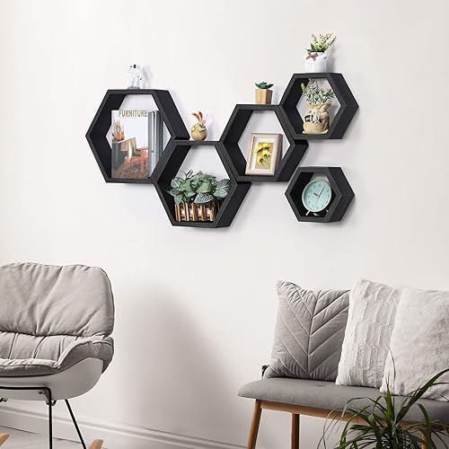 Miniatura 5 de Juego de 5 estantes hexagonales flotantes hexagonales, decoración de pared, estantes de pared negros de nido de abeja, estante de almacenamiento